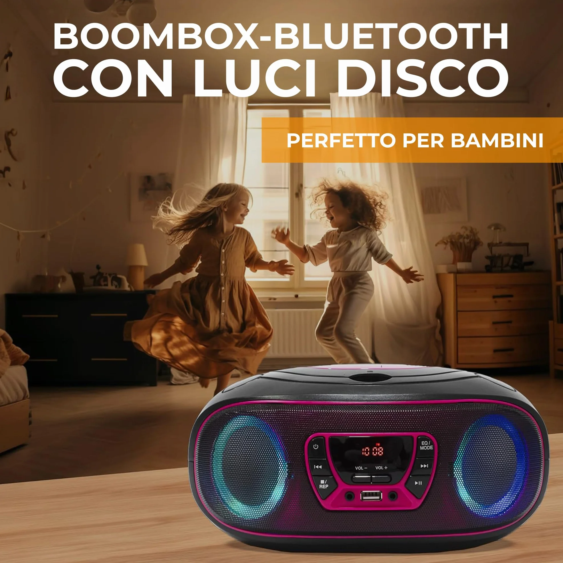 Lettore CD Portatile con Bluetooth Denver TCL-212BT Rosa. Boombox. FM Radio. Volume 2x2W. Ingresso USB, AUX e per Cuffie. Effetto luci.