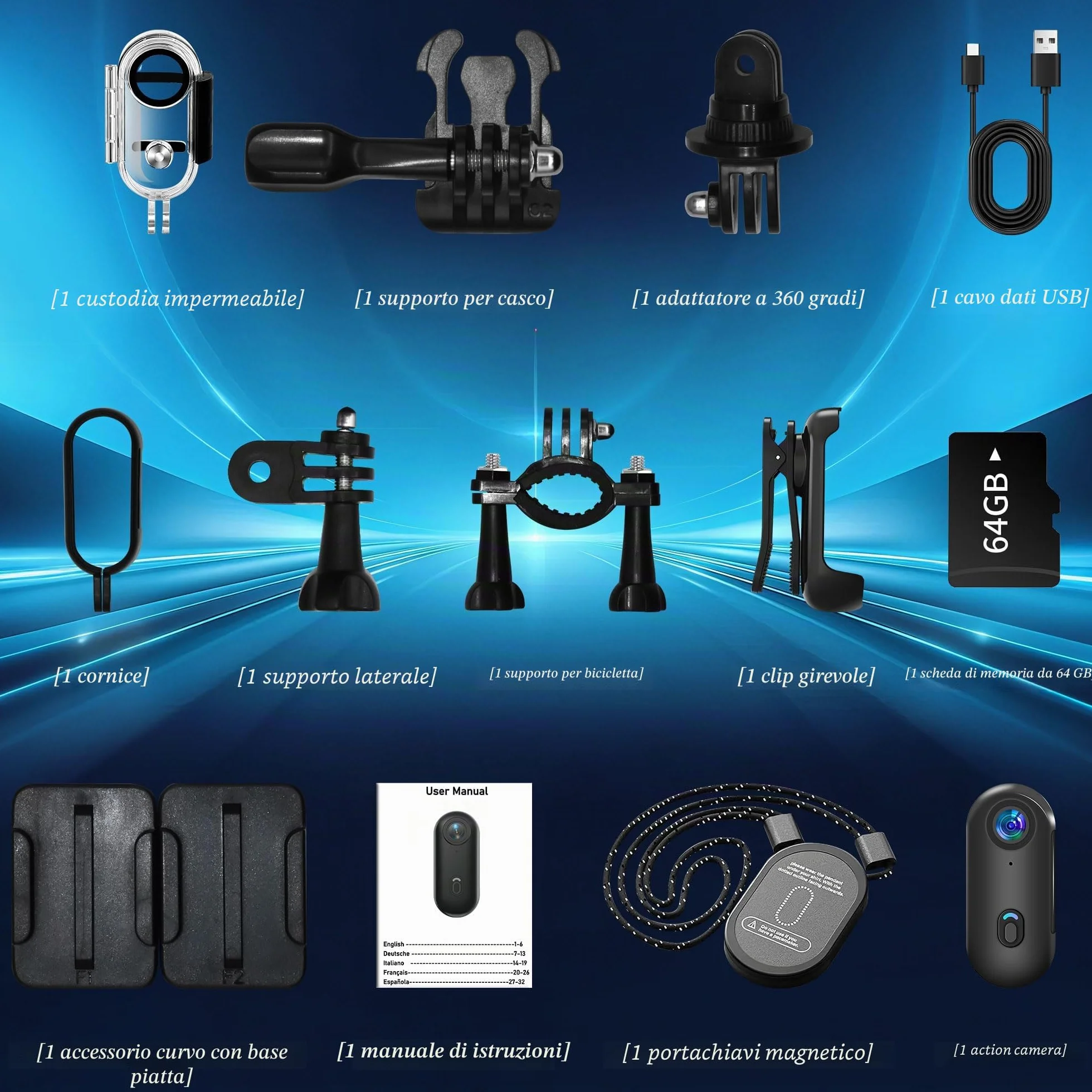 Action Cam Con 64G, 1080P Sport Camera, Bodycam Polizia Professionale, Fotocamera Sott'acqua 30M Videocamera, Mini Telecamera Dash Cam Videocamera, Fotocamera per Conferenze Viaggio