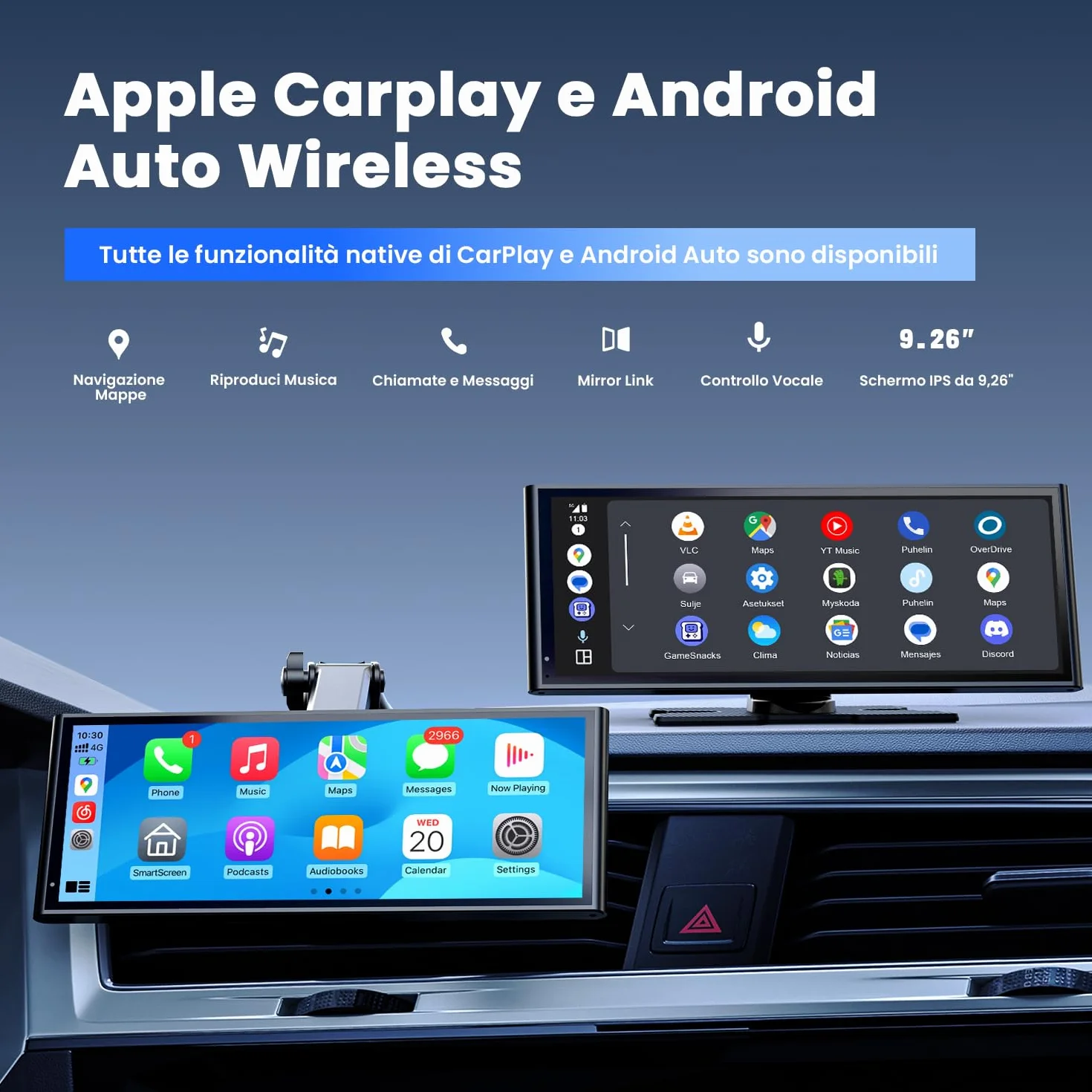 Schermo Portatile Wireless da 9,26" CarPlay per Apple CarPlay & Android Auto, Aggiornamenti OTA, Telecamera di Retromarcia, Mirror Link, Bluetooth 5.0, Controllo Vocale, Navigazione GPS, FM