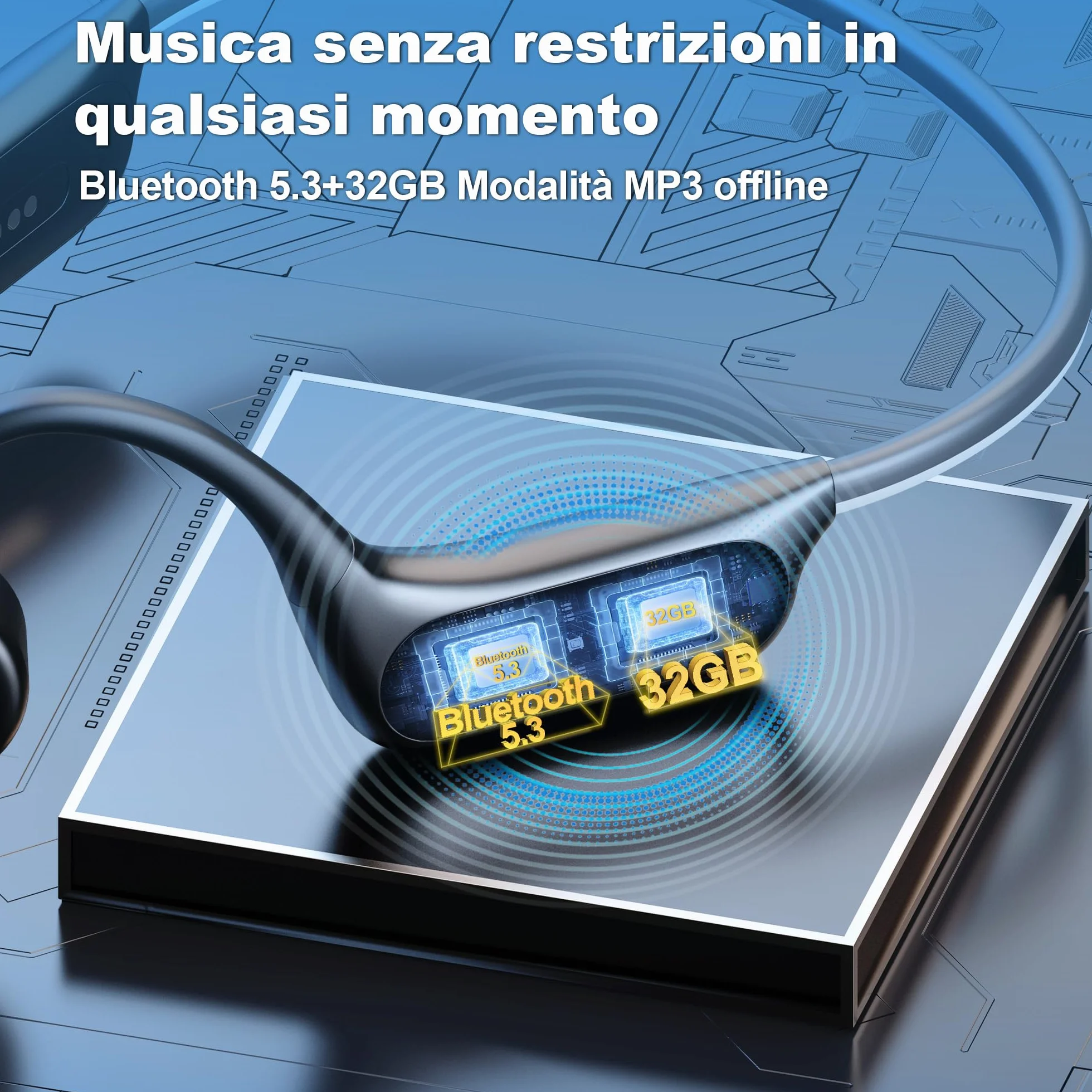 Wantek Cuffie Conduzione Ossea Bluetooth, Auricolari Open-Ear Wireless con Lettore MP3 32GB,IP68 Impermeabili,per Nuoto,Corsa,Ciclismo,Allenamento e Nuoto Auricolari Sportivi