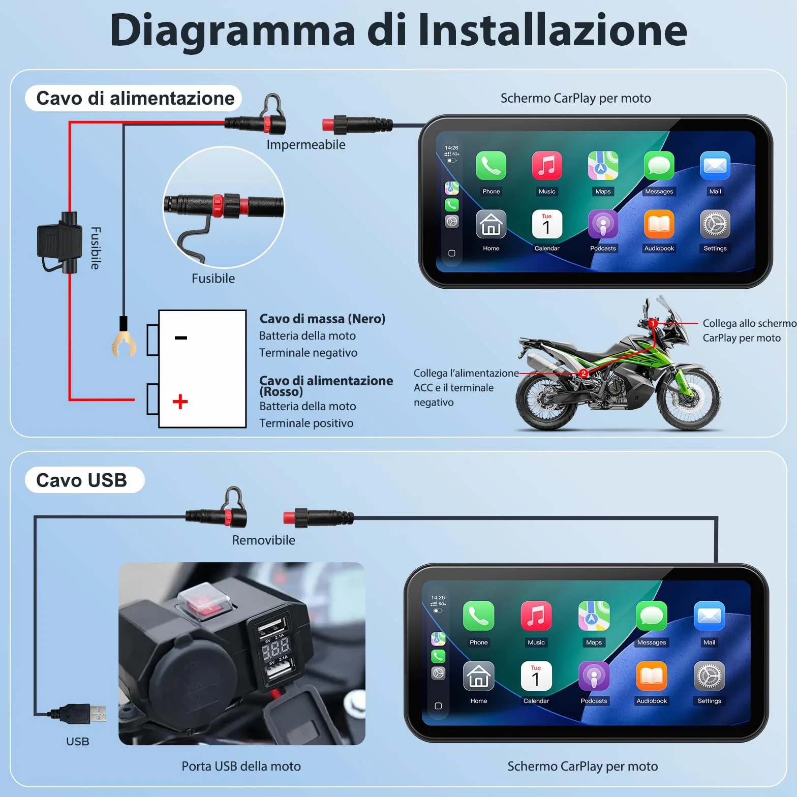 A622 CarPlay Moto Schermo 6,25 Pollici, CarPlay e Android Auto Wireless, Sistema di Monitoraggio Pressione Pneumatici (TPMS), Impermeabilità IP67, Doppio Bluetooth, GPS, Alimentazione USB/ACC