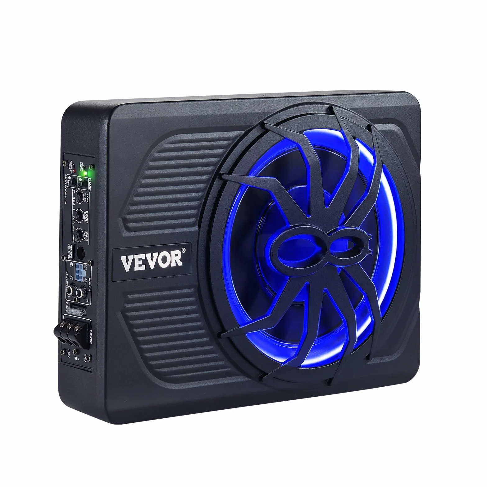 VEVOR Subwoofer per Auto Sotto Sedile, Subwoofer Auto Sottile Sistema Audio a Basso Profilo con Luce Blu, Amplificatore Integrato, Ingresso Livello Alto Basso Regolatore del Volume, 254 mm e 440 W