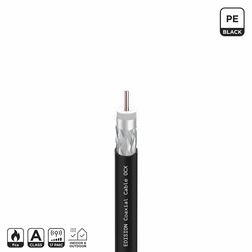 EDISION OCX-100 Cavo Coassiale 100m Antenna TV SAT Esterno/Interna PE Nero, Rame CU/AL, 17PAtC, CPR Fca, Classe A per DVB-S2/T/T2/C, RADIO - Bobina Plastica
