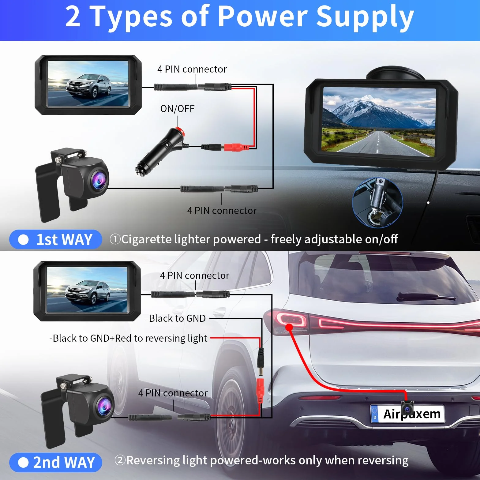 AHD 1080P 4.3 Pollici Telecamera Posteriore Auto con Monitor Nessuna Foratura Retrocamera Auto Facile Installazione Adatta Visione Notturna IP68 Impermeabile Telecamera Retromarcia per DC 12V Auto