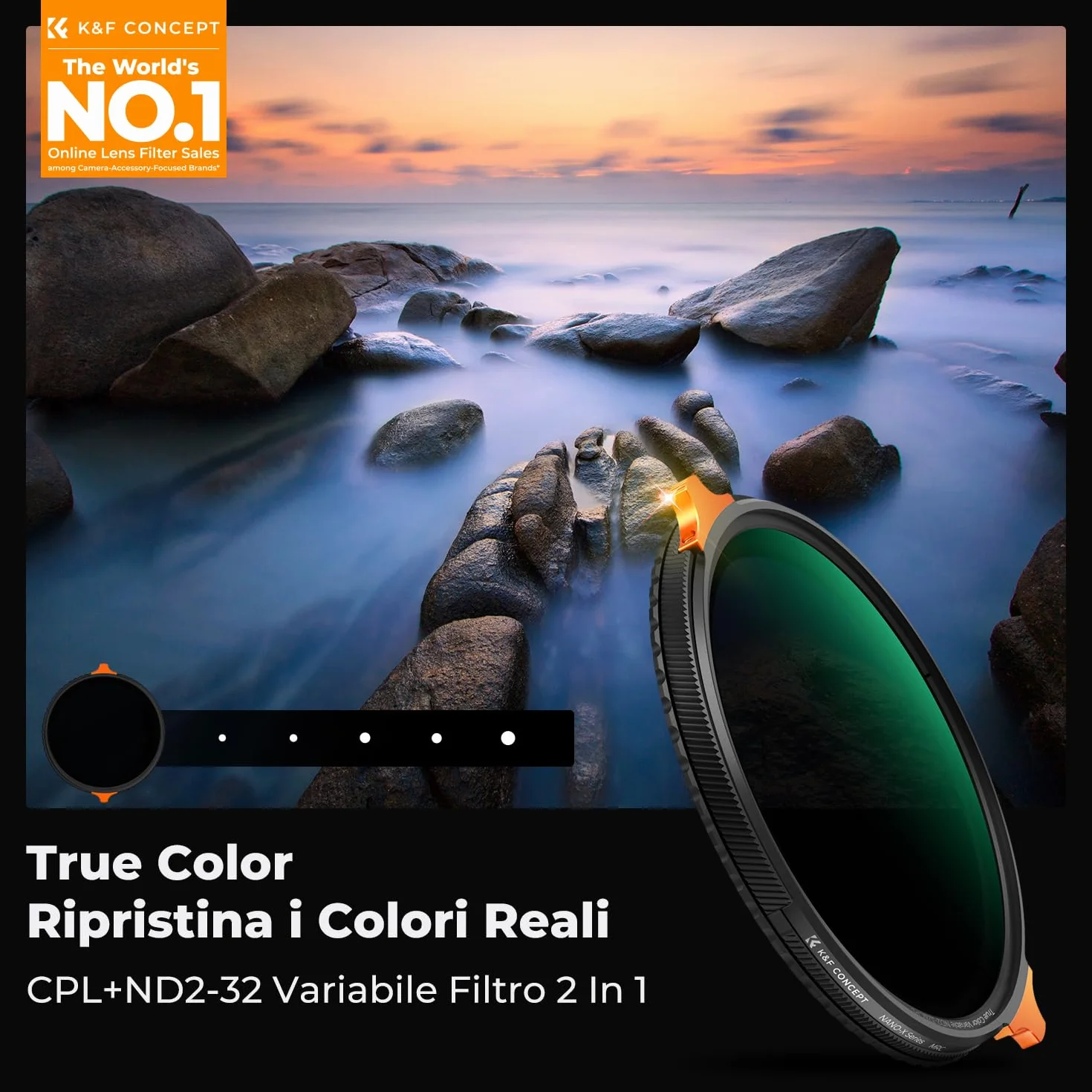 K&F CONCEPT Nano-Xcel 72mm True Colour Filtro Variabile ND2-32 (1-5 Stop) & Polarizzatore Circolare, 2 In 1 Filtro Multifunzione CPL & VND 2-32 in Vetro Ottico 28 Strati Nano Rivestimento