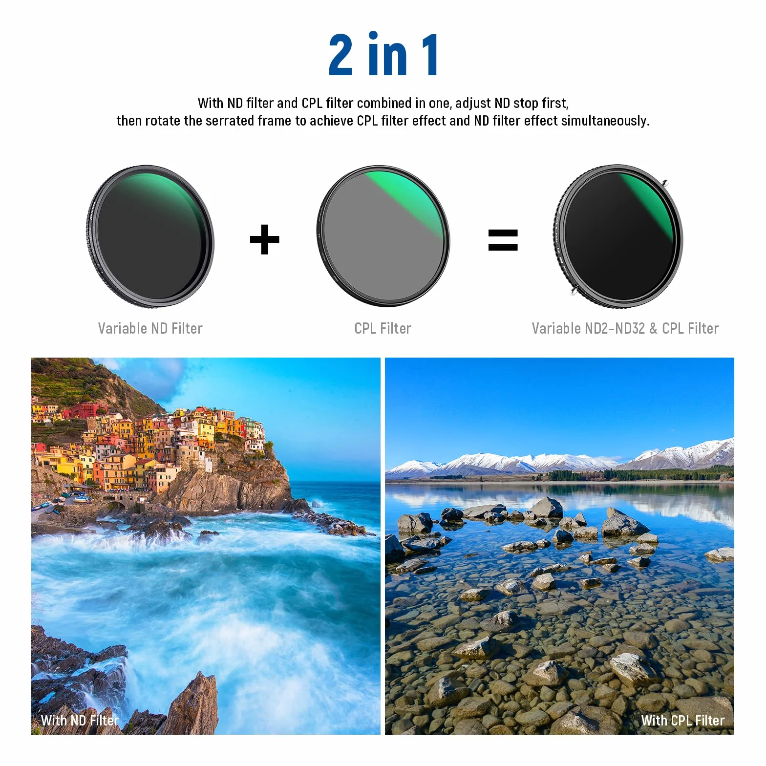 NEEWER 2 in 1 Filtro ND Variabile 58mm ND2-ND32 e CPL(Polarizzatore), senza X/Vetro Ottico HD/multistrato/ultra sottile/idrorepellente/resistente ai graffi