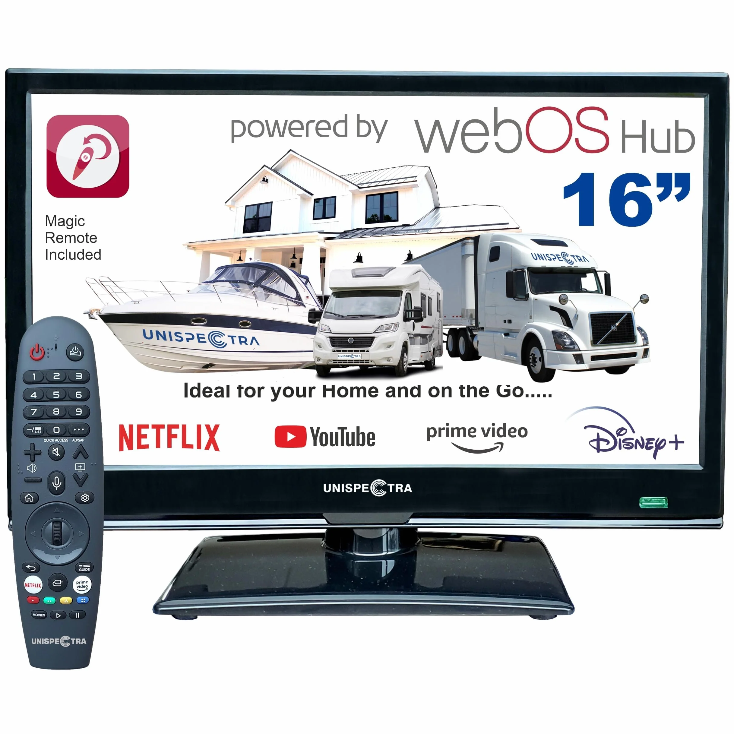 Unispectra ® 16" Smart TV (webOS) 12V Full HD LED 230v 24v Triplo sintonizzatore: satellitare, terrestre, cable. HDMI USB Telecomando magico TV 12V per camper, caravan, furgone, barca