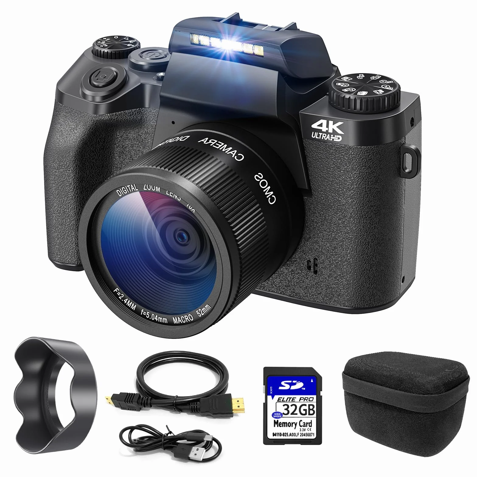 Fotocamera digitale 4K, CCN 64MP Fotocamera con schermo touchscreen da 3,0", fotocamera compatta con zoom digitale 16X e funzione WiFi, con cappuccio per borsa fotografica, scheda TF da 32 GB, nero