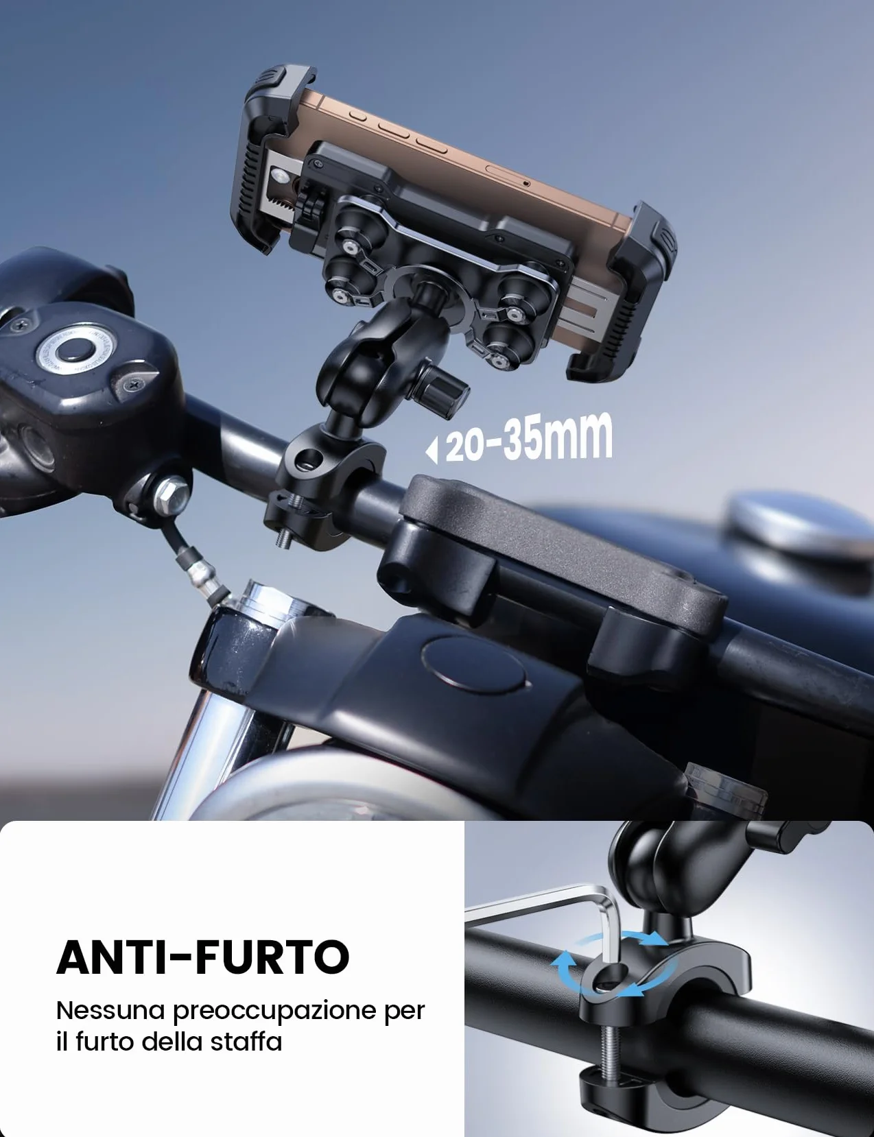 Lamicall Supporto Telefono Moto Antifurto Doppio Antivibrazione Braccio Estensione Metallo, Porta Telefono Bici, 2 x 360° Girevole Supporto Manubrio per iPhone 17 16 15 14 e 4,7-6,7" Smartphone