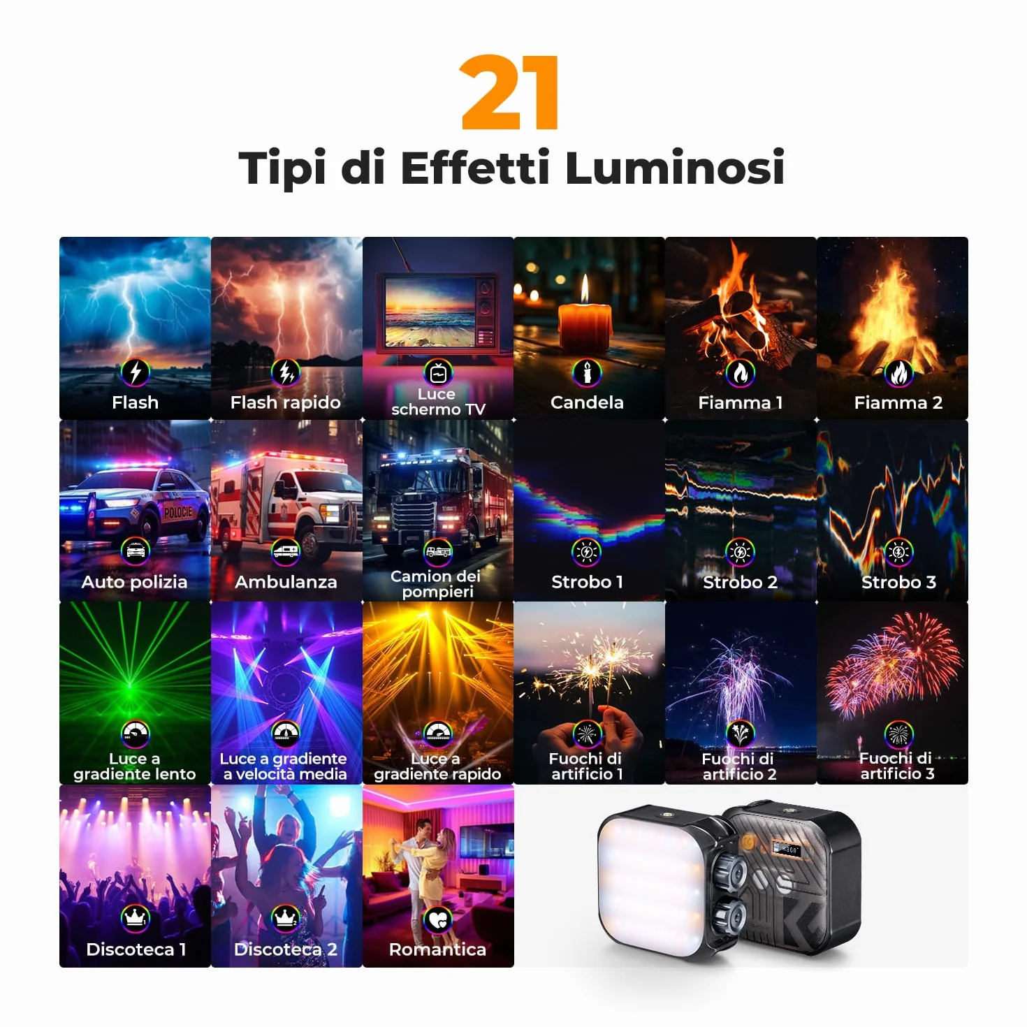 K&F CONCEPT Luce video RGB, Luce Fotografica Portatile a Colori a 360°, 21 Effetti Luminosi, 2500K-9900K CRI 96+, per Vlogging, selfie, Fotografia di oggetti, Nero