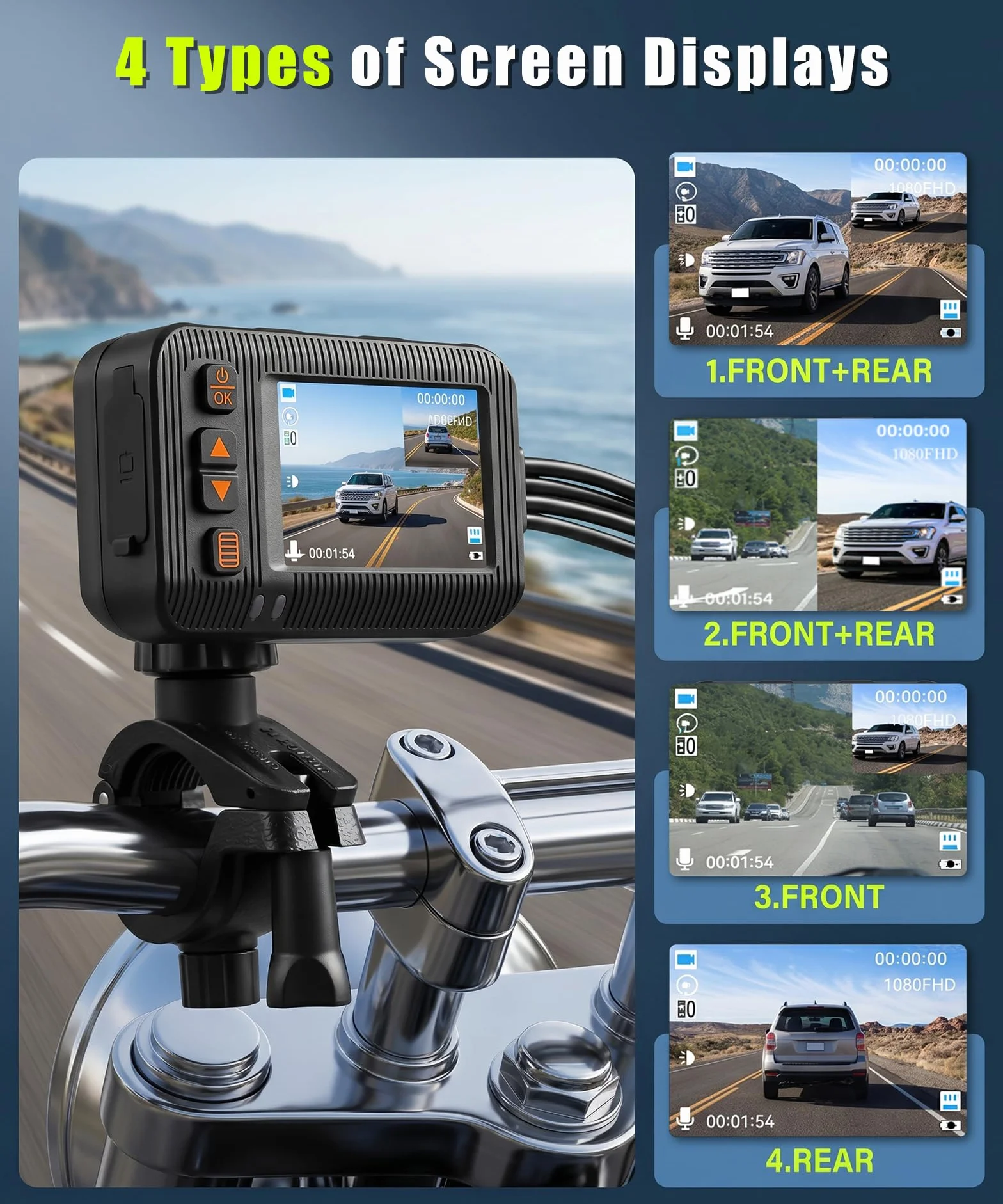 Rimoody Dashcam per Moto 1080P con Due Telecamere, 2" Schermo, Telecamera a Doppia Lente Anteriore e Posteriore, IP67 Impermeabile, Visione Notturna, G-Sensor, Loop Video, Monitoraggio di Parcheggio