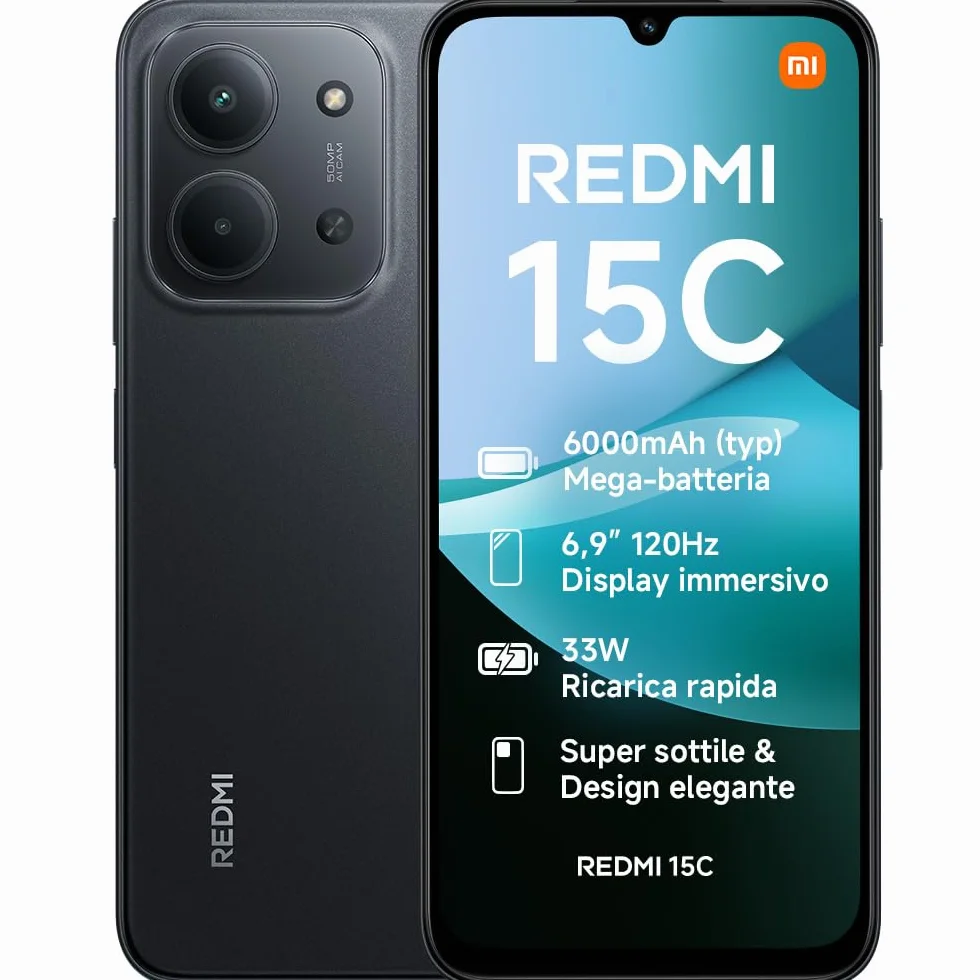 XIAOMI Redmi 15C, Garanzia 2 anni, Smartphone 4+256GB, Display 6,9" 120Hz, 7,99mm, MediaTek Helio G81-Ultra, Dual camera da 50MP, Mega batteria da 6000mAh, Nero, Caricabatterie non incluso