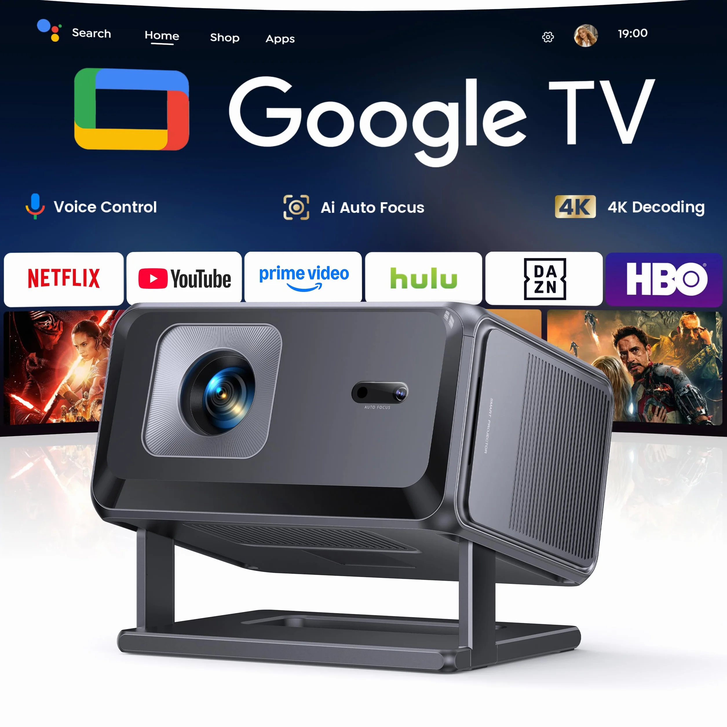 Proiettore 4K Google TV Netflix Auto Focus 6D Keystone Corta Focale WiFi Bluetooth Home Cinema