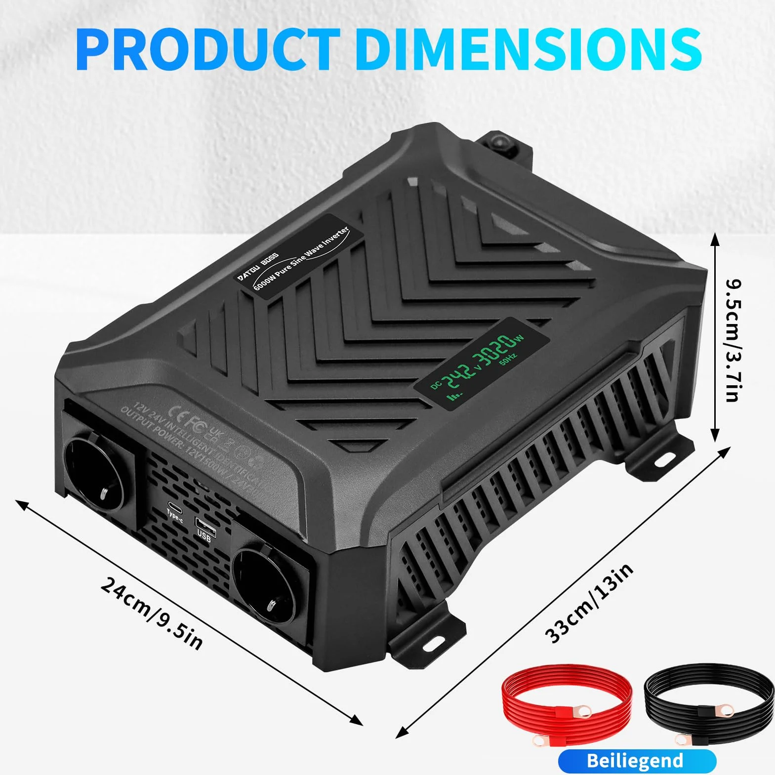DATOUBOSS Inverter Onda Sinusoidale Pura 12V/24V a 220V Convertitore Universale Onda Pura 3000W con sistema di rilevamento intelligente, con LCD Display, interfaccia USB, Type-C e 2 presa UE