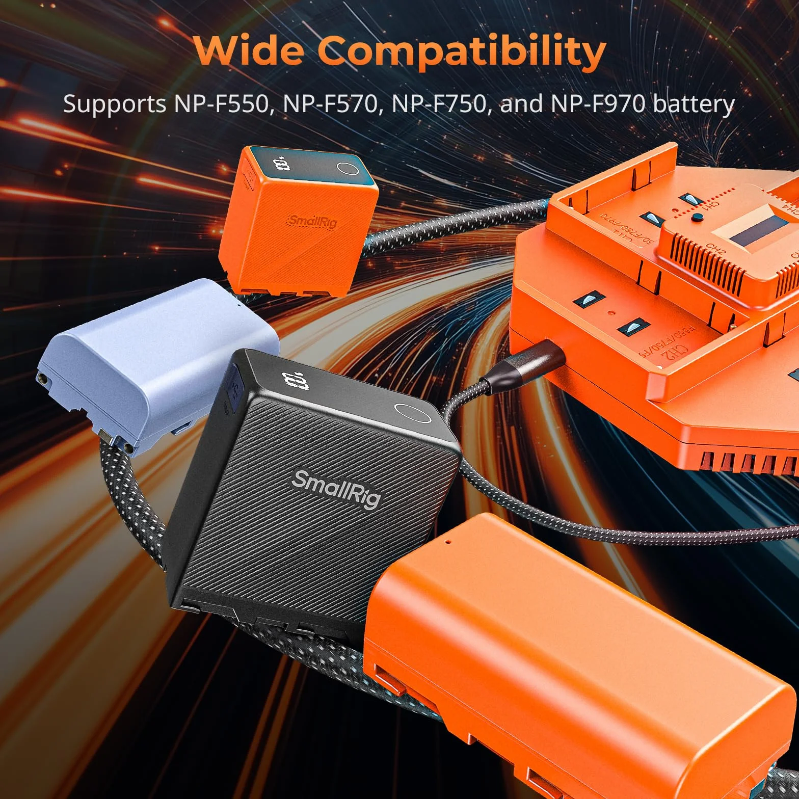 SMALLRIG Caricabatterie per Fotocamera a 4 Canali, con Ricarica Rapida PD100W, Display OLED, Caricabatterie Compatto NP-F per Sony NP-F970, NP-F750, NP-F550, NP-F570, Arancia - 4837
