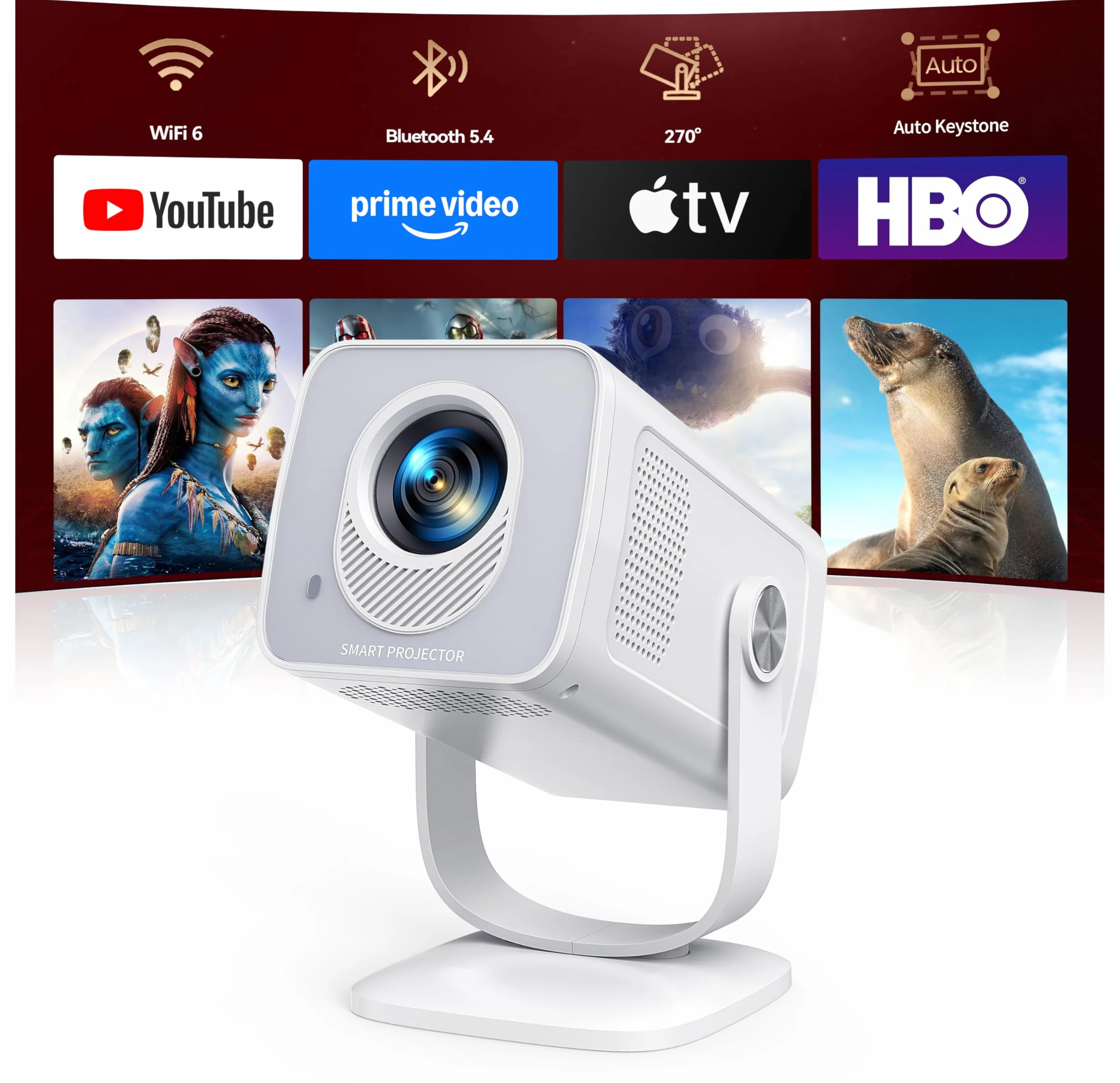 Proiettore WIFI6 Bluetooth 5.4 1080P 4K Mini Videoproiettore Auto Keystone Rotazione 270° Esterni HDMI USB TV Stick