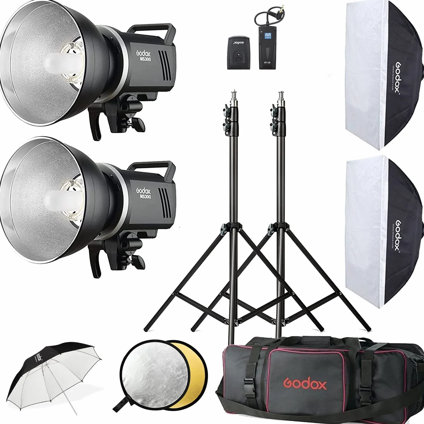Godox MS300 Kit di luci stroboscopiche da studio per la fotografia, 2x 300W flash stroboscopico da studio con attacco Bowens, Innesco flash, Softbox, stativi per luci, riflettore, ombrello