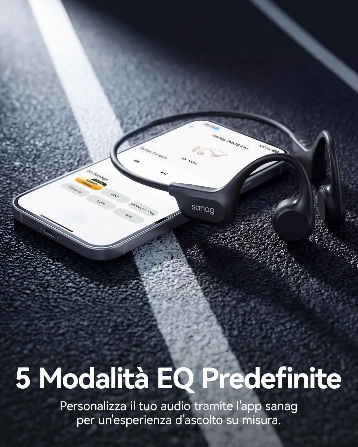 SANAG Cuffie Conduzione Ossea, Bluetooth 5.3 Cuffie Sportive Wireless, Impermeabili IPX8 con Memoria Integrata, Design Open-Ear, Tasti Fisici Tattili, per Corsa, Fitness e Nuoto, Nero