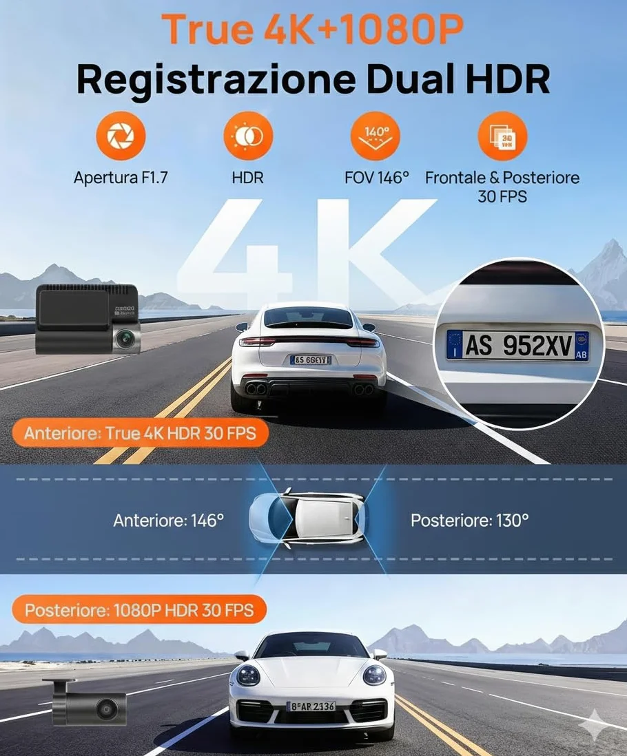 70mai Dash Cam A810S, 4K+1080P Telecamera Auto Fronte e Retro con SD 128GB, Starvis 2 HDR, GPS Integrato, Sorveglianza Parcheggio 24h AI, Visione Notturna, ADAS, WiFi & App, Supporta 512GB