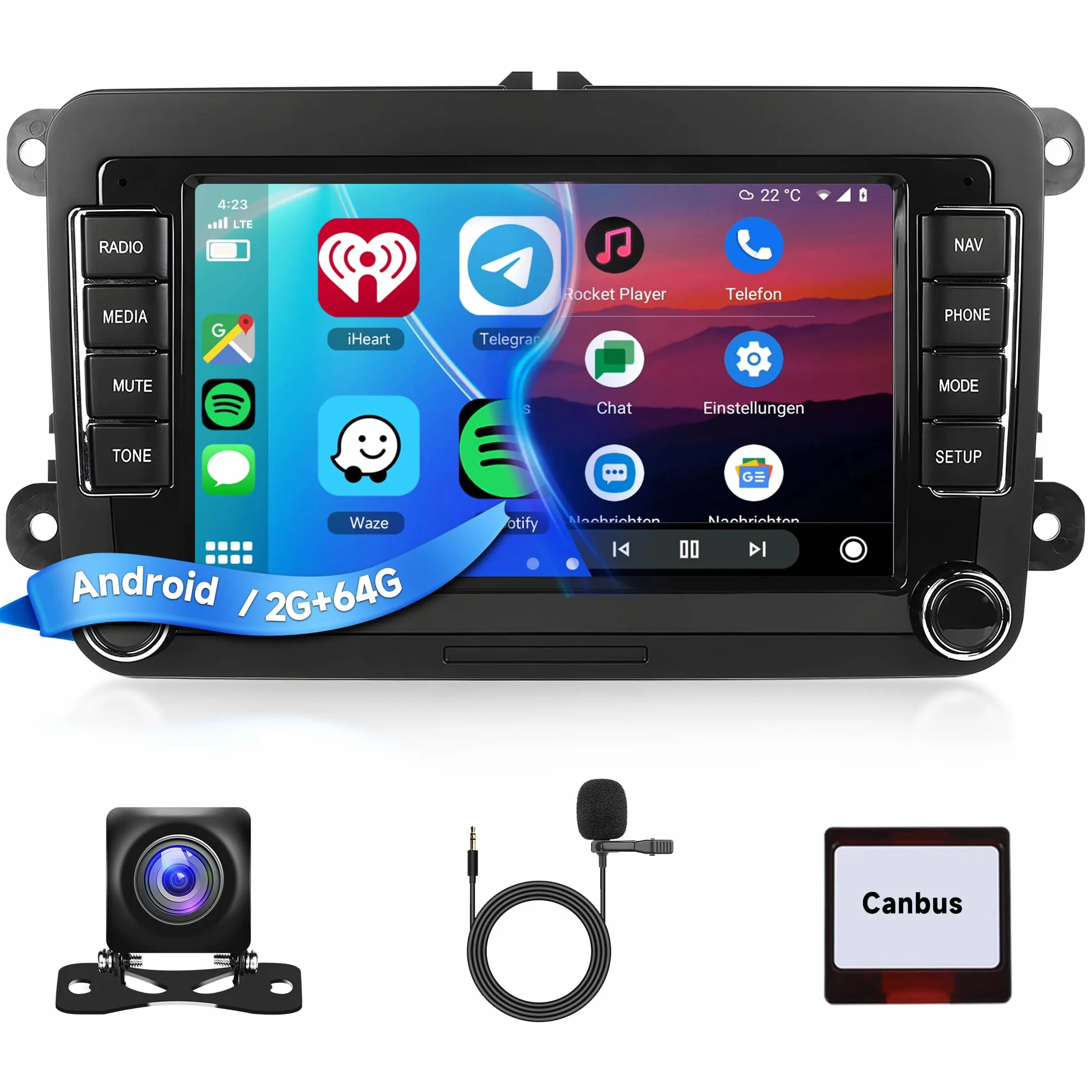2G+64G Android Autoradio per VW Golf 5 6 Passat Polo Tiguan Touran Caddy Skoda Seat 7 Pollici Wireless Carplay Autoradio con Android Auto GPS Navi WiFi Bluetooth FM/RDS Telecamera Posteriore