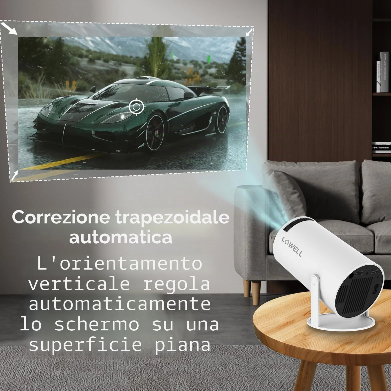 LQWELL® Proiettore Mini Proiettore Supporta WiFi 5G, BT5.0 con Android OS, Correzione trapezoidale automatica, angolo di 220 gradi, display da 130 pollici per Phone/PC/Stick, 4K Home Projector HDMI