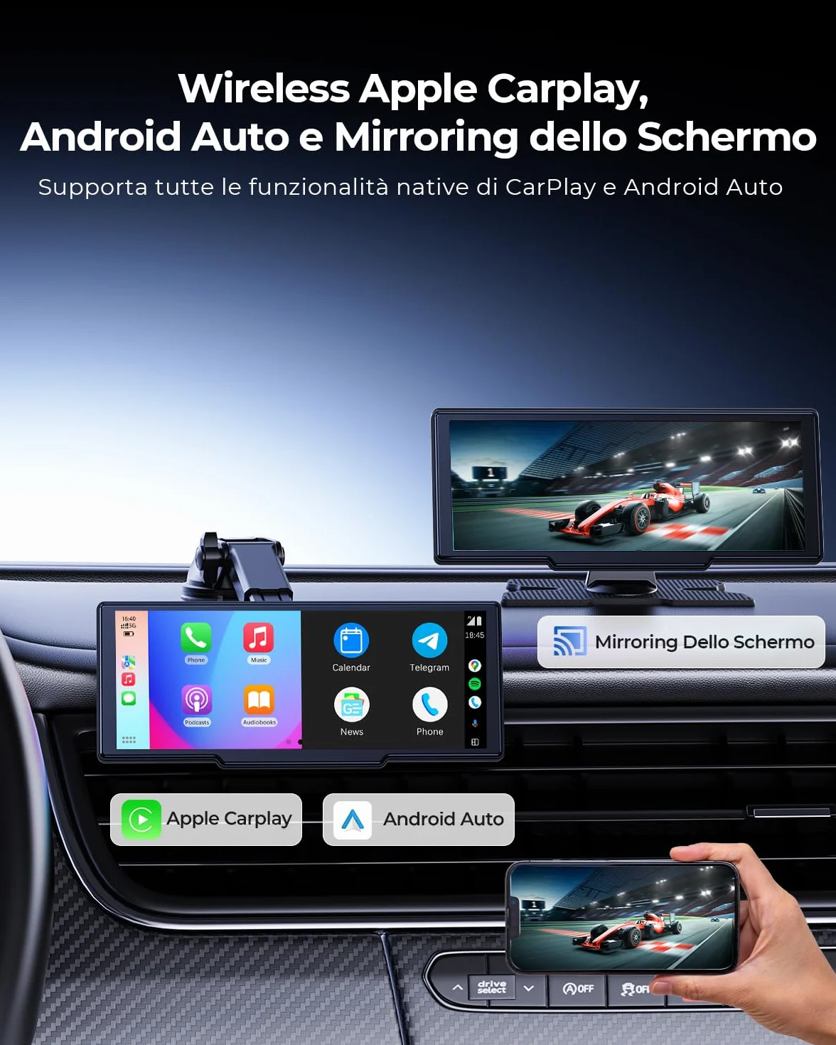 Schermo Portatile Wireless da 8，1" Car Play per Apple CarPlay & Android Auto, Aggiornamenti OTA, Telecamera di Retromarcia, Mirror Link, Bluetooth 5.0, Controllo Vocale, Navigazione GPS, FM