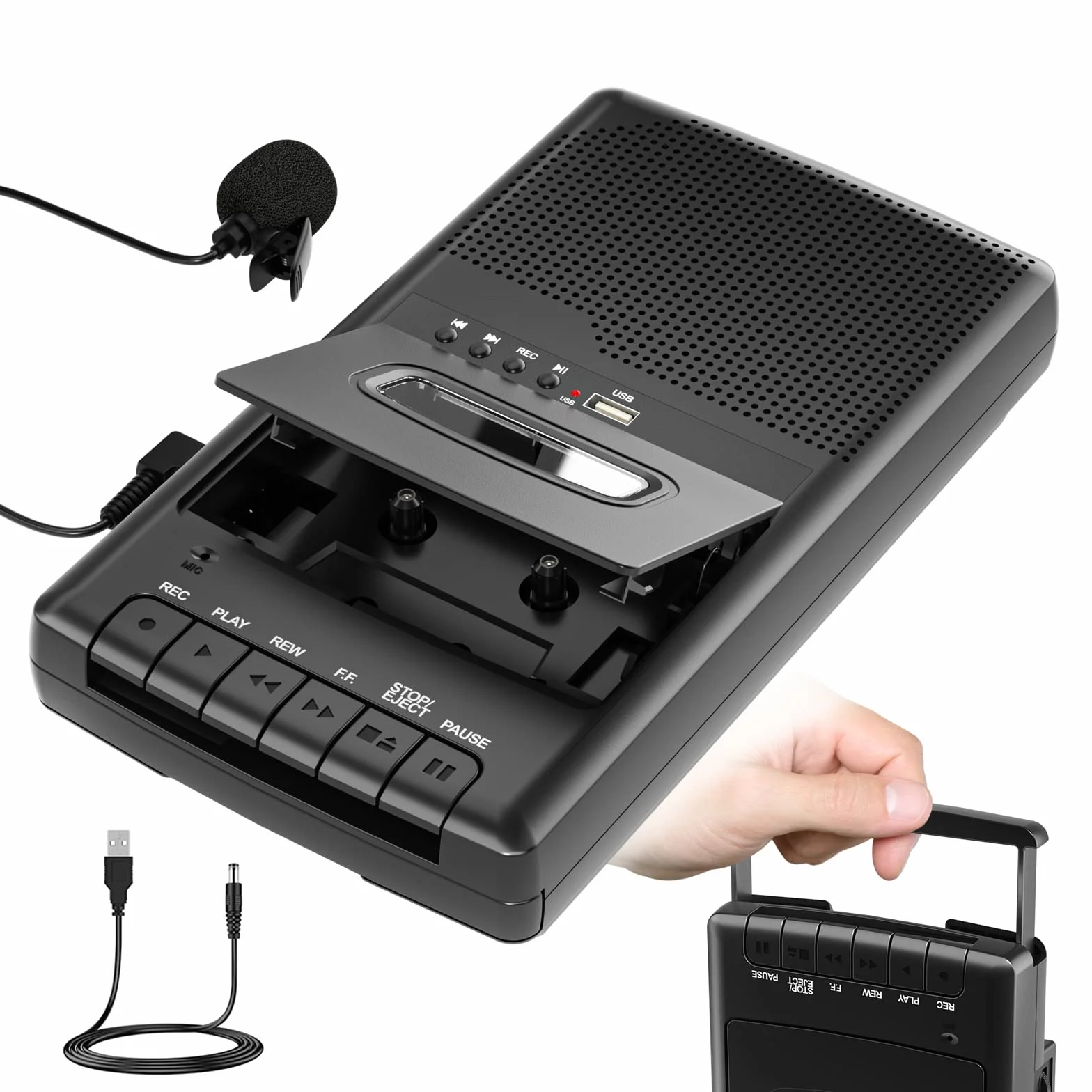 Reproductor Cassette Portatile Lettore Audio Registratore Digitalizza su USB con Maniglia