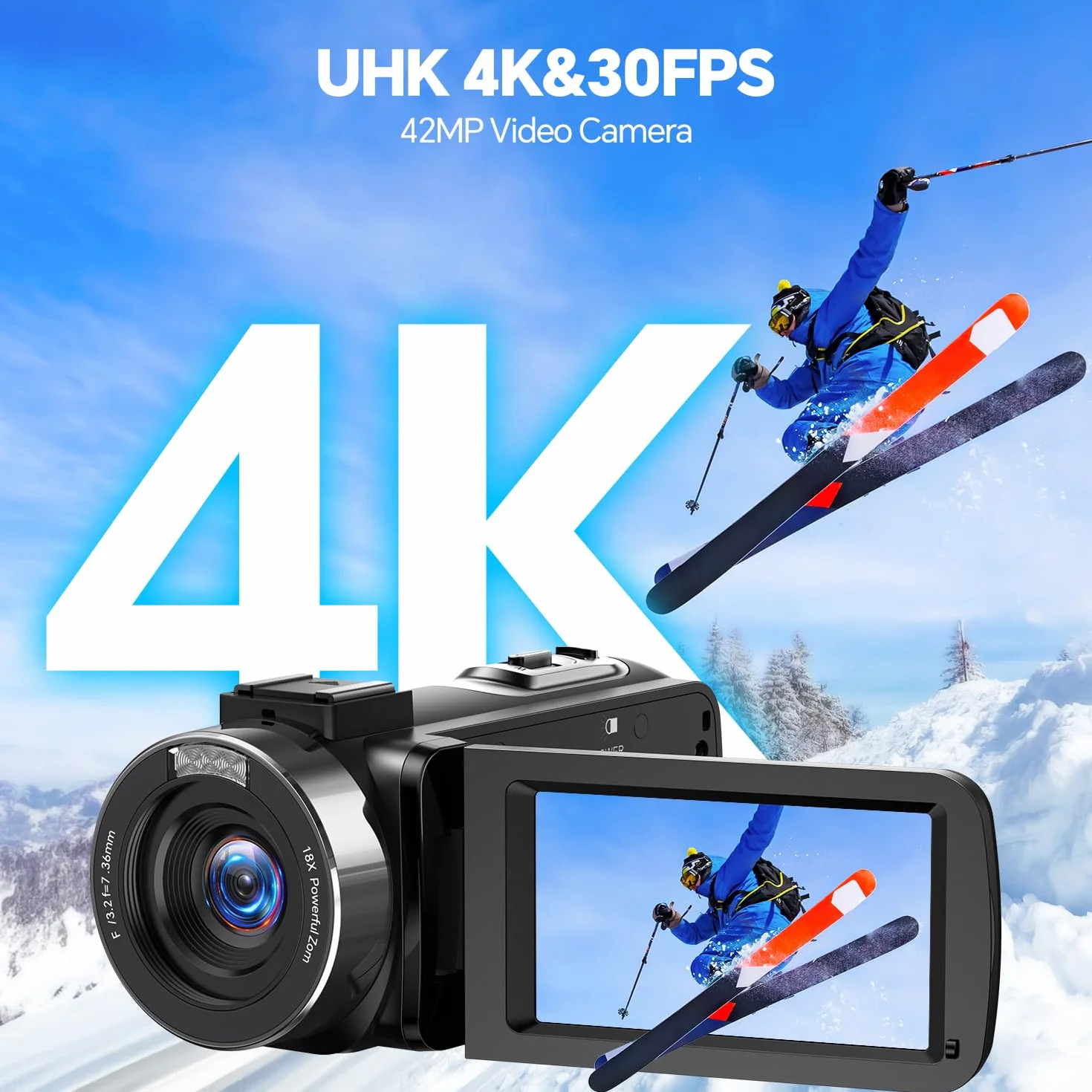 Videocamera 4K, 42MP Vlog Camera con Zoom Digitale 18x e Display Rotabile 3 Pollici 270° - Videocamera Digitale con Luce LED, Funzione Webcam, 2 Batterie, Scheda SD 32GB e Telecomando