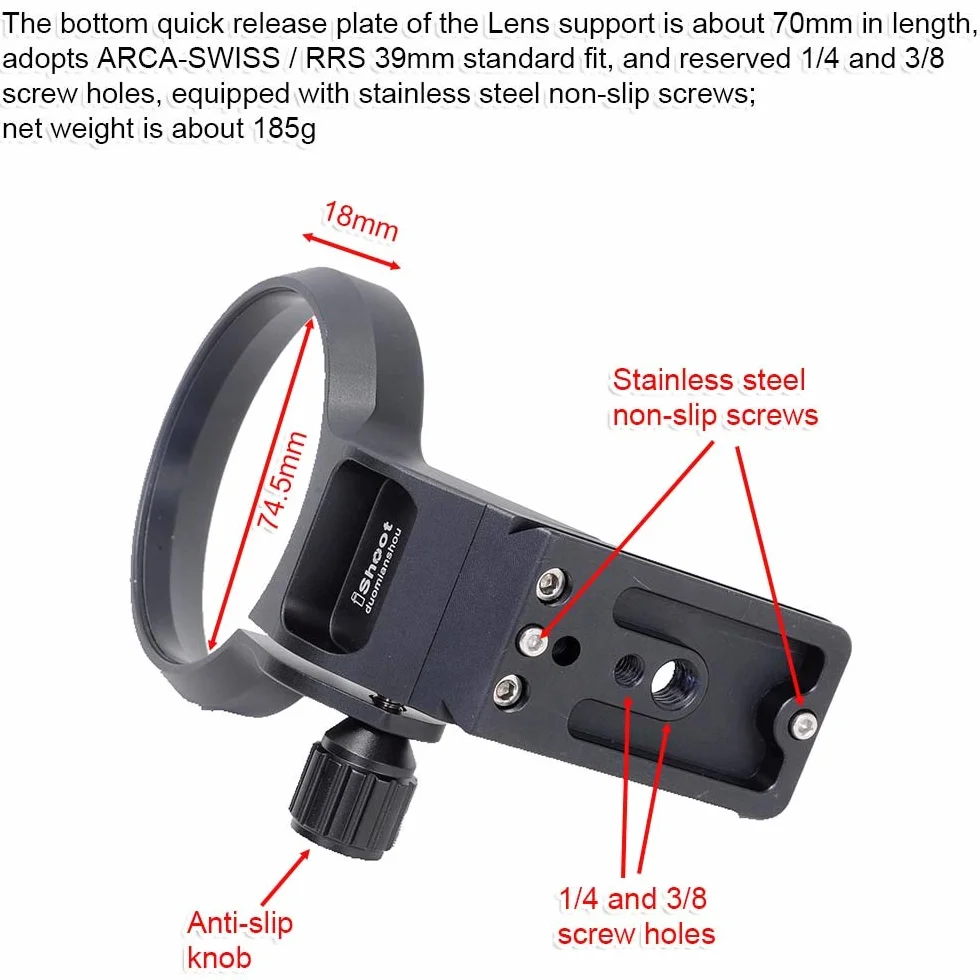 iShoot Supporto ad anello con supporto in metallo da 74,5 mm compatibile con Canon RF 28-70 mm f/2L USM, supporto per lenti e supporto per lenti è Arca-Swiss Fit piastra a sgancio rapido