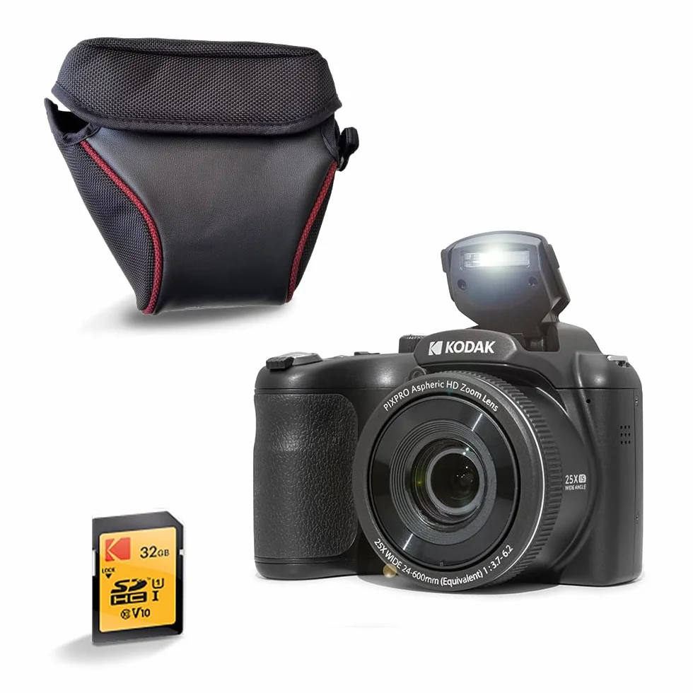 Kodak Pixpro AZ255 - Fotocamera Bridge da 16 MP con zoom ottico 25x + custodia protettiva + scheda SD da 32 GB - video Full HD 1080p, grandangolo 24 mm, stabilizzatore, schermo LCD da 3" - nero