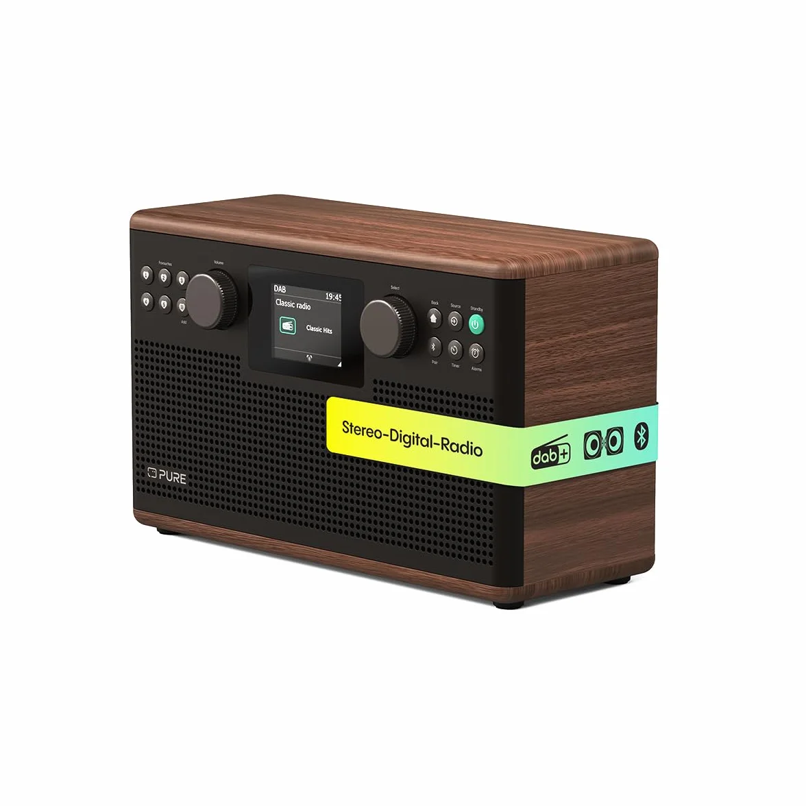Pure Classic H6 Radio Estéreo Digital con DAB+, FM, Bluetooth 5.3, Pantalla TFT 2,4", 2×15 W, Marrón Café/Nogal