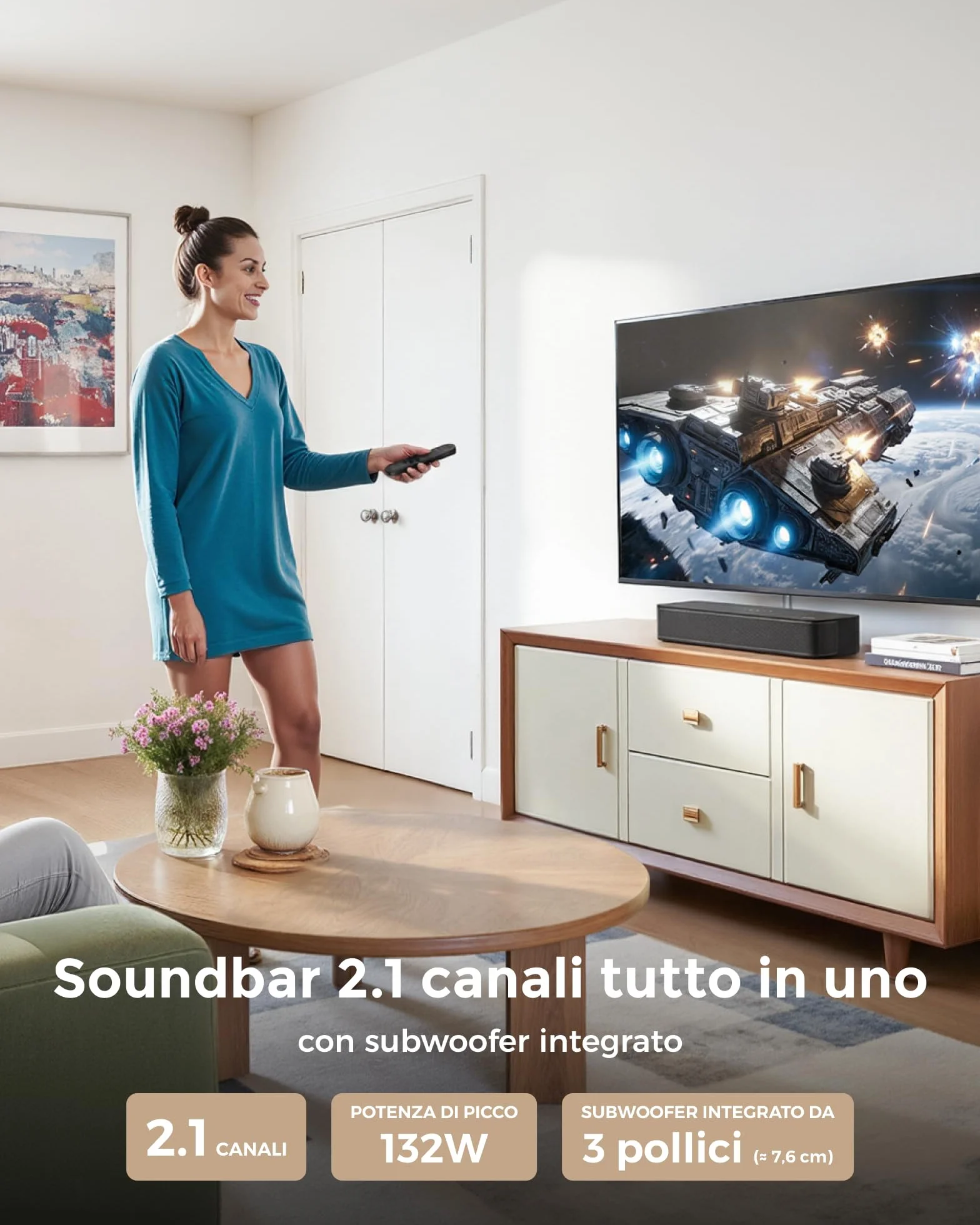 ULTIMEA 2.1 Ch Soundbar Per TV, Subwoofer Integrato, All-In-One Per PC E Giochi. App Controllo, 132W Potenza Picco, Bluetooth 5.4, OPT/AUX Ingressi, Montaggio A Parete, Poseidon M20 Pro