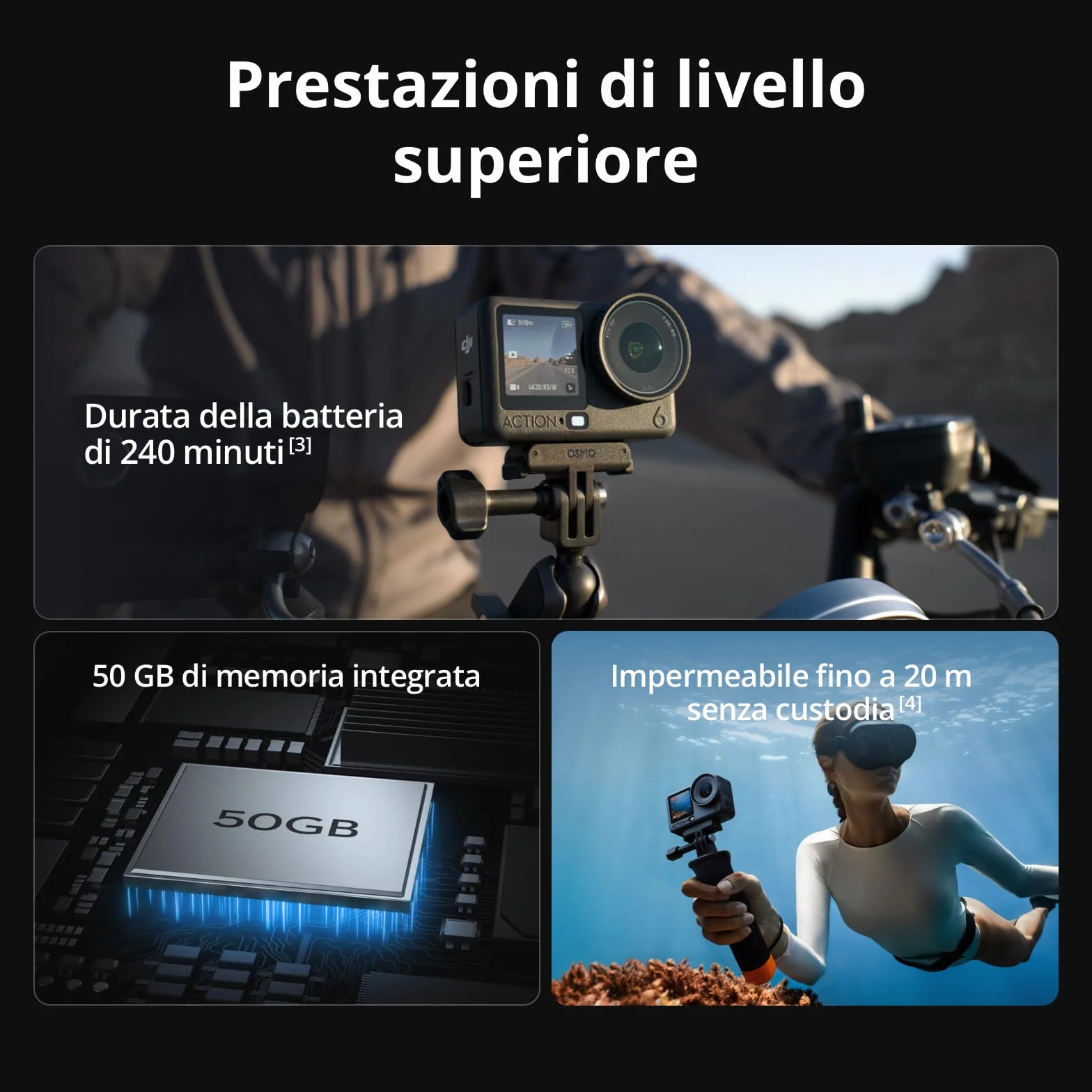 DJI Osmo Action 6 Combo Potenziato, fotocamera subacquea, sensore quadrato da 1/1,1″, 50 GB di memoria, apertura variabile f/2,0-f/4,0, durata della batteria estesa con 2 batterie, 8K