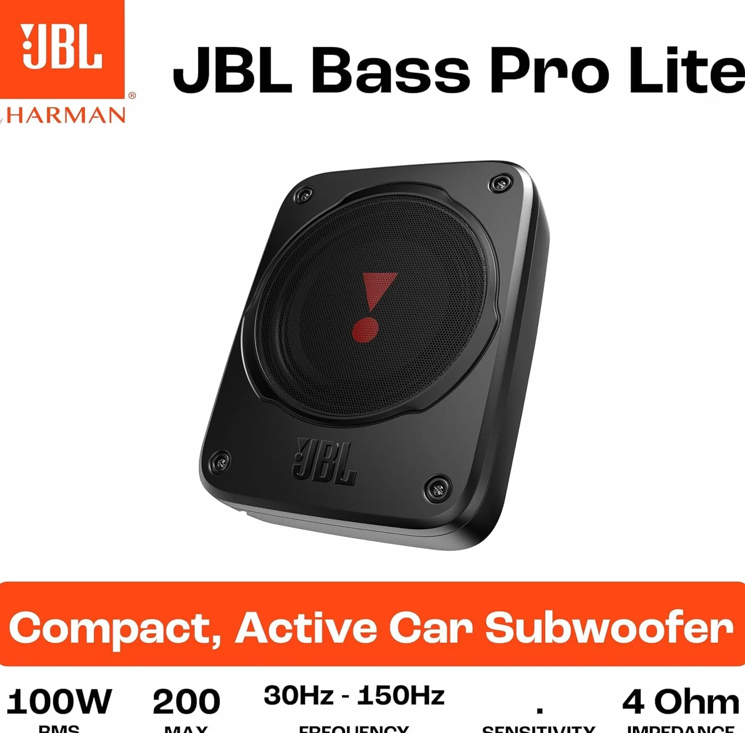 JBL BassPro Lite: Subwoofer Attivo Auto Ultra-Compatto con Amplificatore Integrato da 100 watt, Subwoofer Auto Amplificato sottosedile, Cabinet in Alluminio, Facile installazione e compatibilità