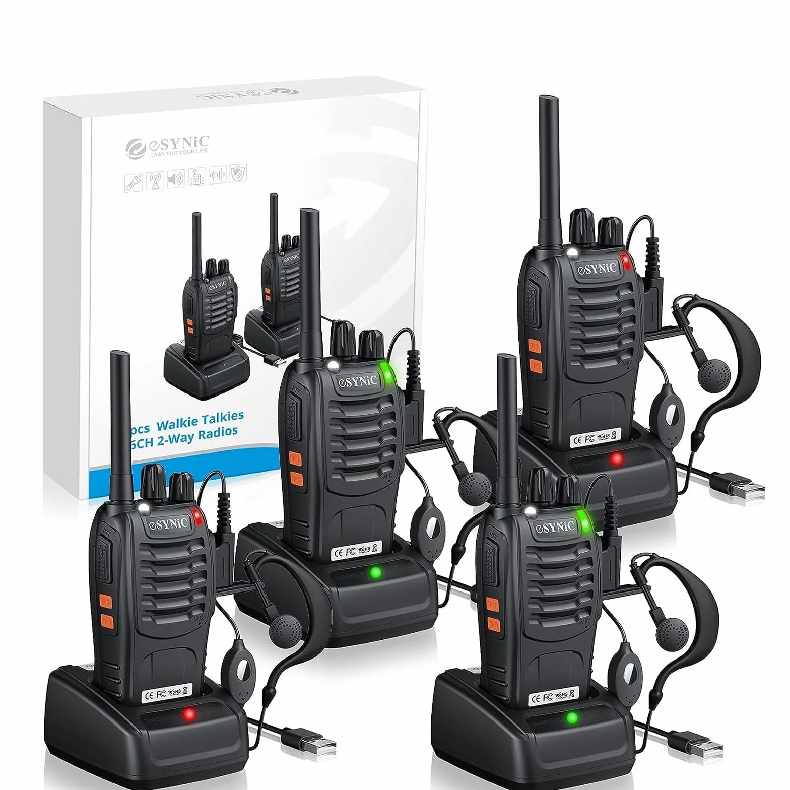 ESYNiC Walkie Talkie PMR 446MHz 0.5W Frequenza Civile Ricetrasmittente Handheld FM 16CH Singola Banda