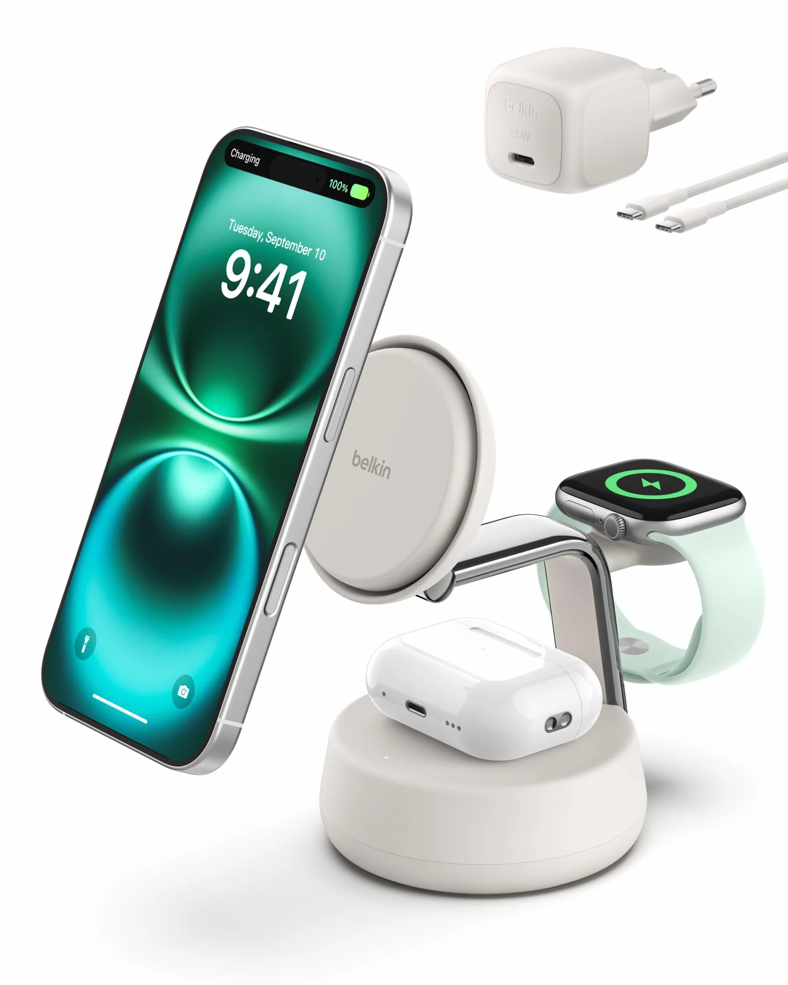 Belkin UltraCharge Pro Caricatore Wireless 3 in 1, Stazione di Ricarica Qi2 25W, Compatibile con MagSafe per iPhone 16, Apple Watch, AirPods, Pixelsnap con Ventilatore e Adattatore 45W, Sabbia