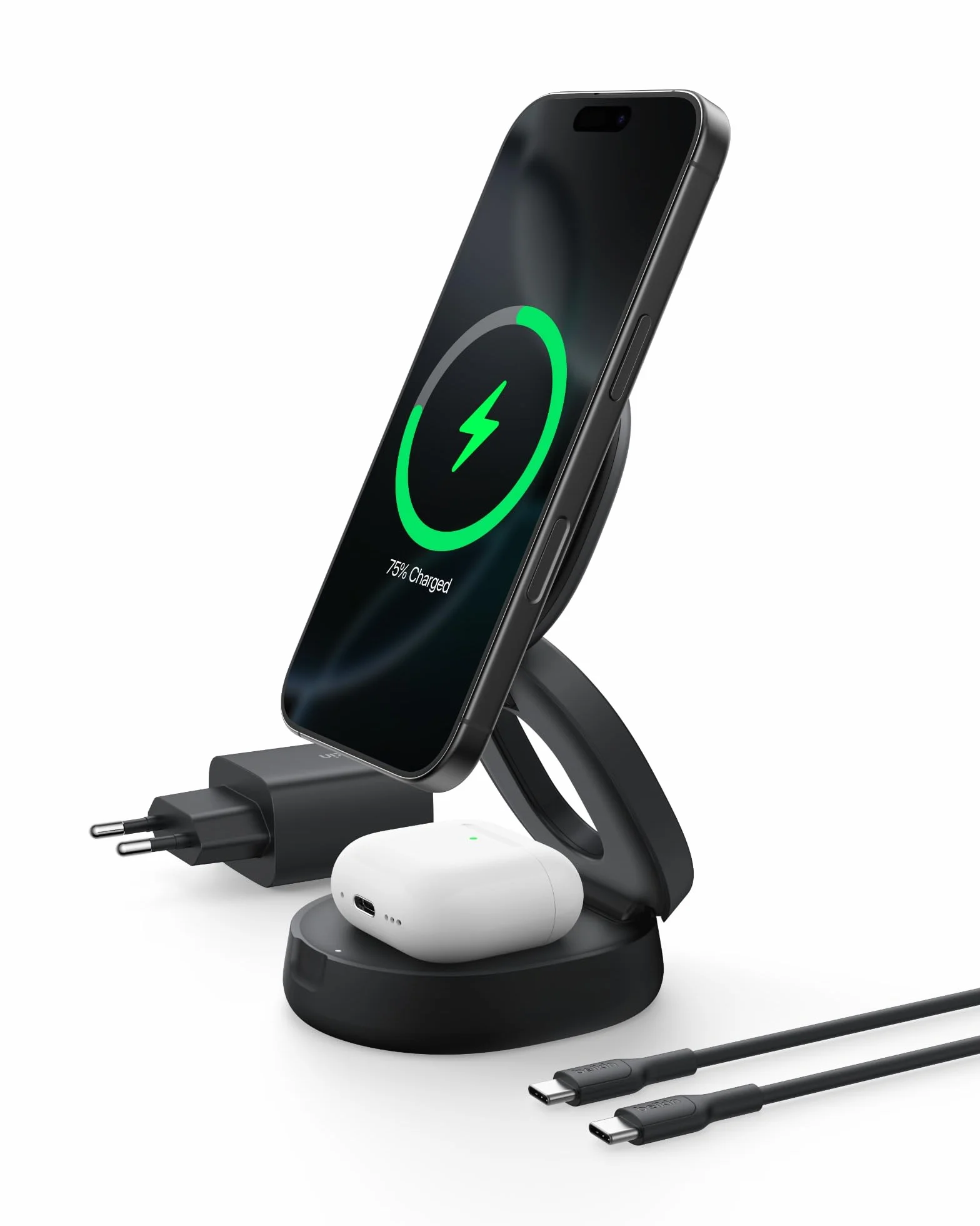 Belkin 2 in 1 Caricatore Wireless, Stazione di Ricarica Wireless 15 W, Caricatore Qi2 con MagSafe per iPhone 16 e AirPods, base piena antiscivolo, alimentatore da 30W - Nero