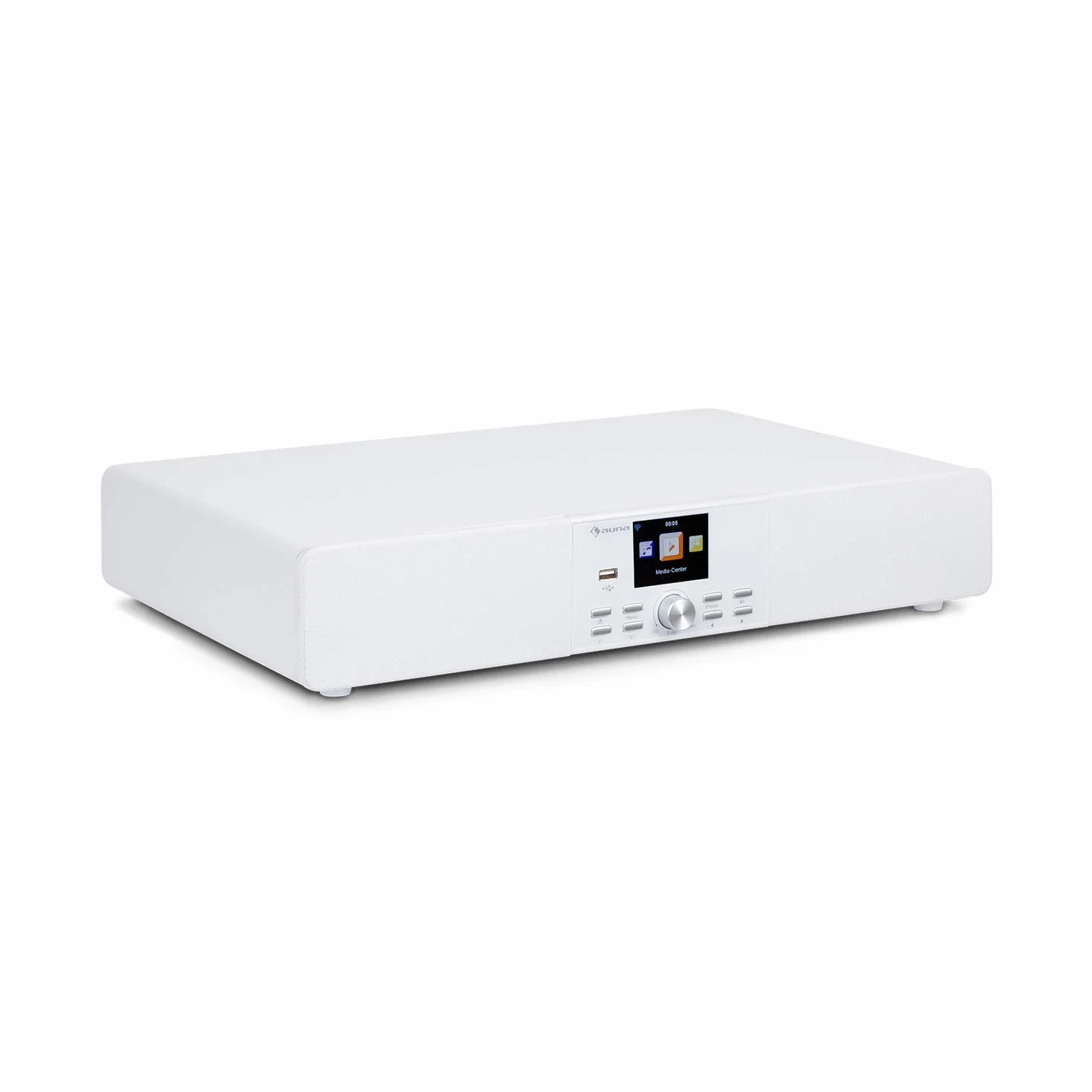 AUNA Stealth Base - Connect Soundbase, 2x15 W + 30 W RMS, Radio Web/DAB+/FM, Bluetooth, AirMusic Control App, Display LC da 2,8", Porta USB, Ingresso Line, Bianco