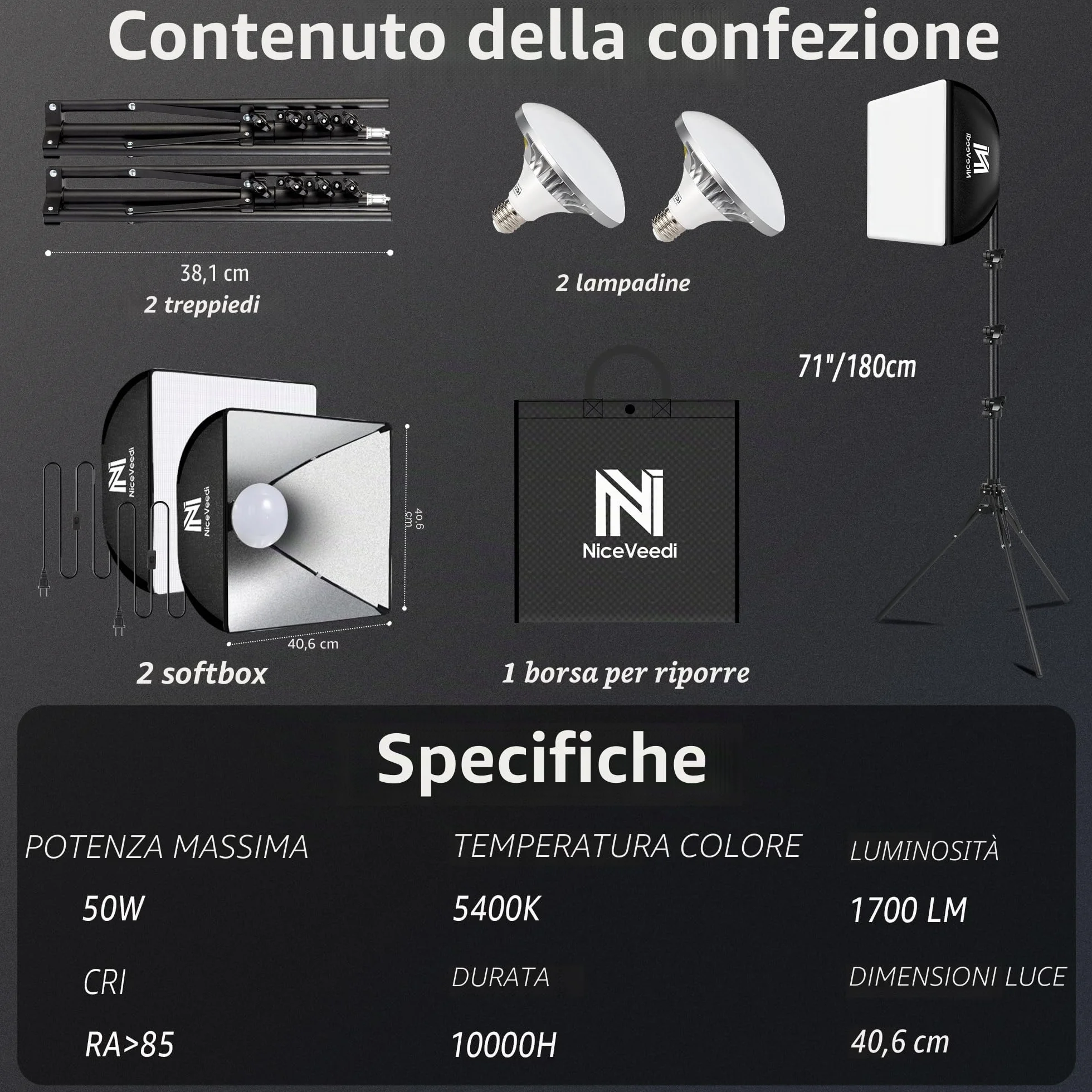 Softbox, Kit Softbox LED da 50 W, Luce Fotografica 40x40 cm con Lampadine 5500K e 150 cm Treppiede, Illuminazione Continua per Fotografia/Registrazione Video/Streaming Live (2 confezione)
