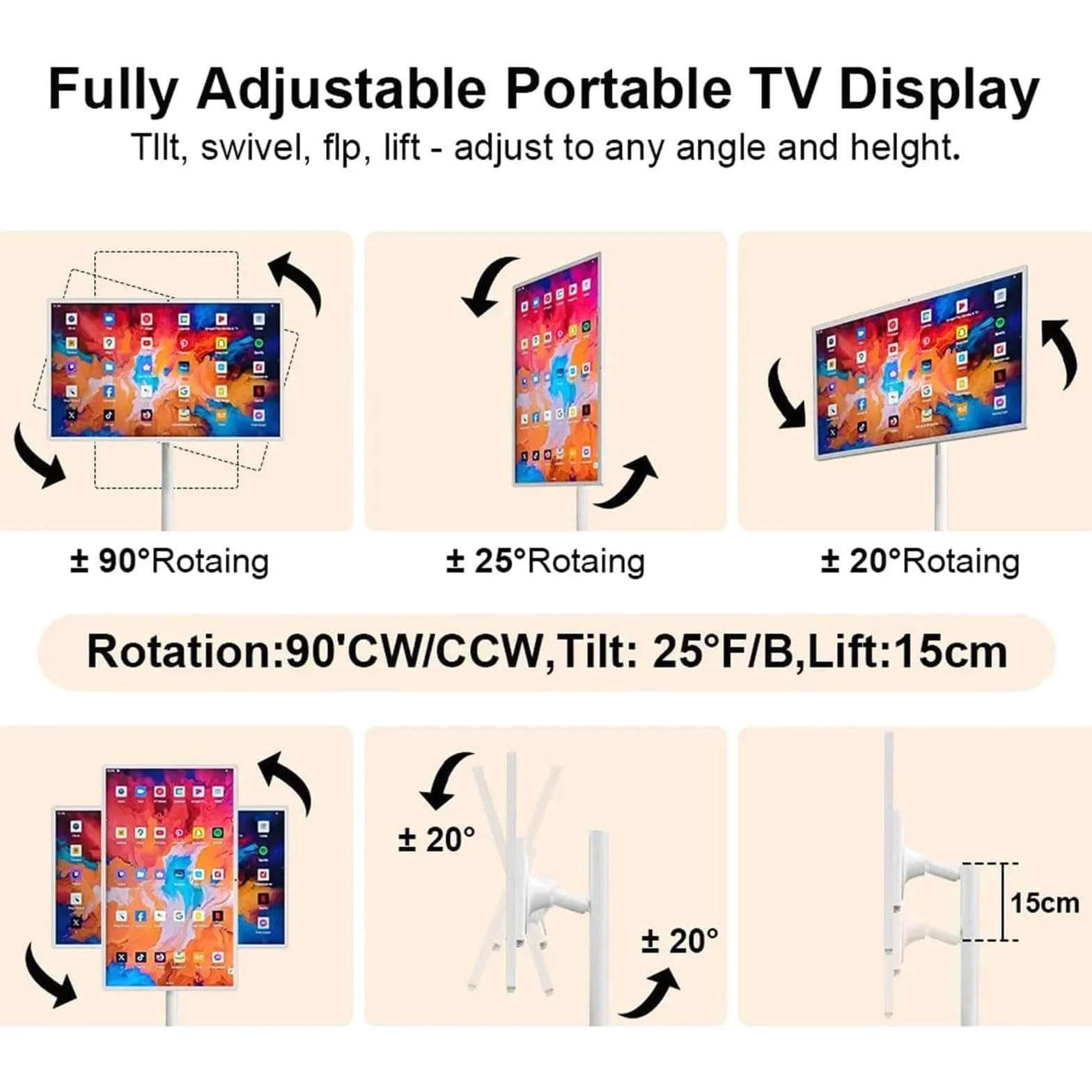 TV Portatile Mobile,Monitor Intelligente Portatile 21,5/24/24/32 Pollici 1080p,TV Touchscreen,Smart TV Mobile Schermo Touch Girevole Fotocamera,TV Mobile Intelligente Pavimento 8+128 Gb 32in
