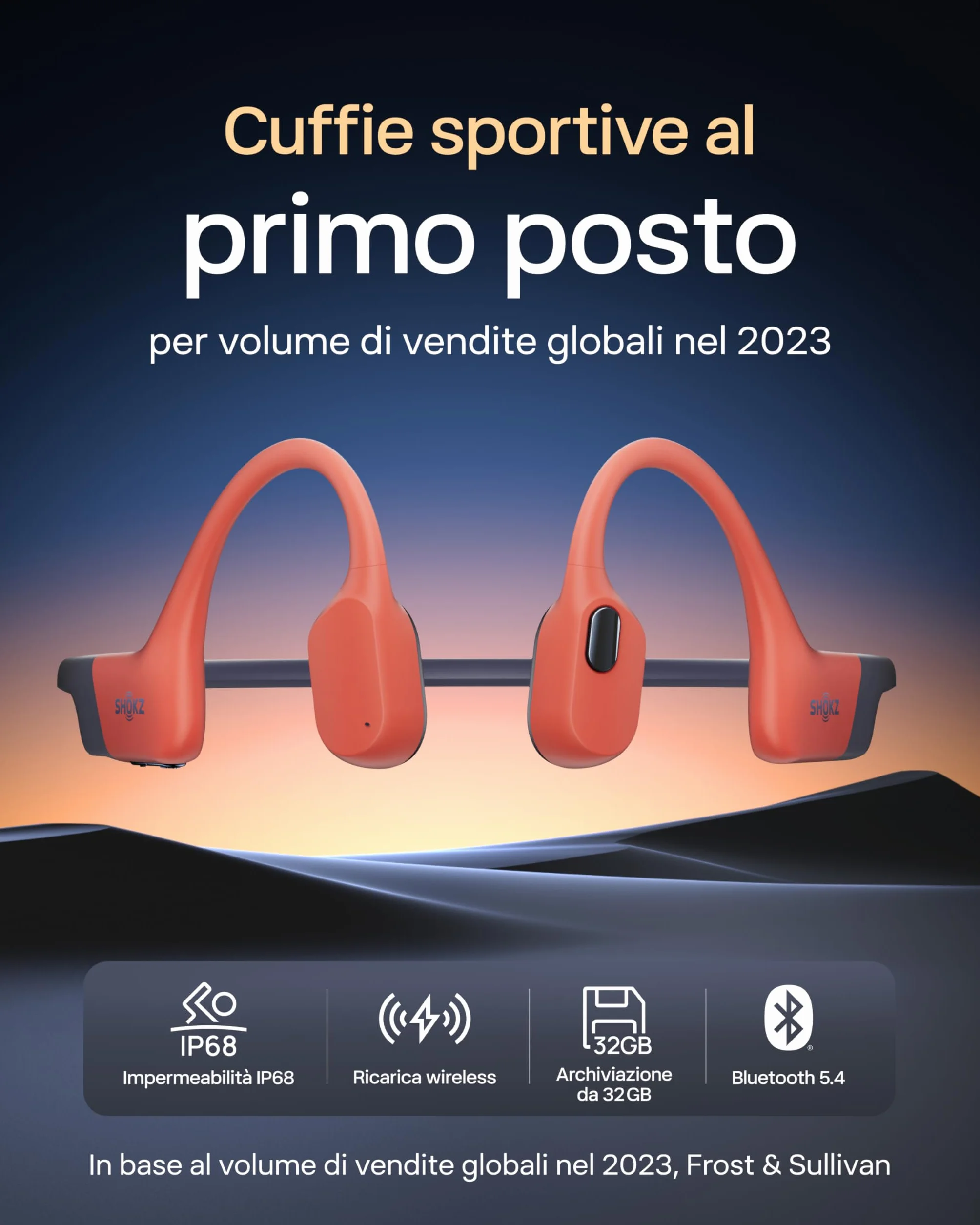 SHOKZ Cuffie sport a conduzione ossea OpenSwim Pro, auricolari wireless Open-Ear impermeabili IP68 con Bluetooth 5.4, 32 GB storage MP3, micr. con canc. rumore, 9 ore ripr. per corsa e nuoto, Rosso