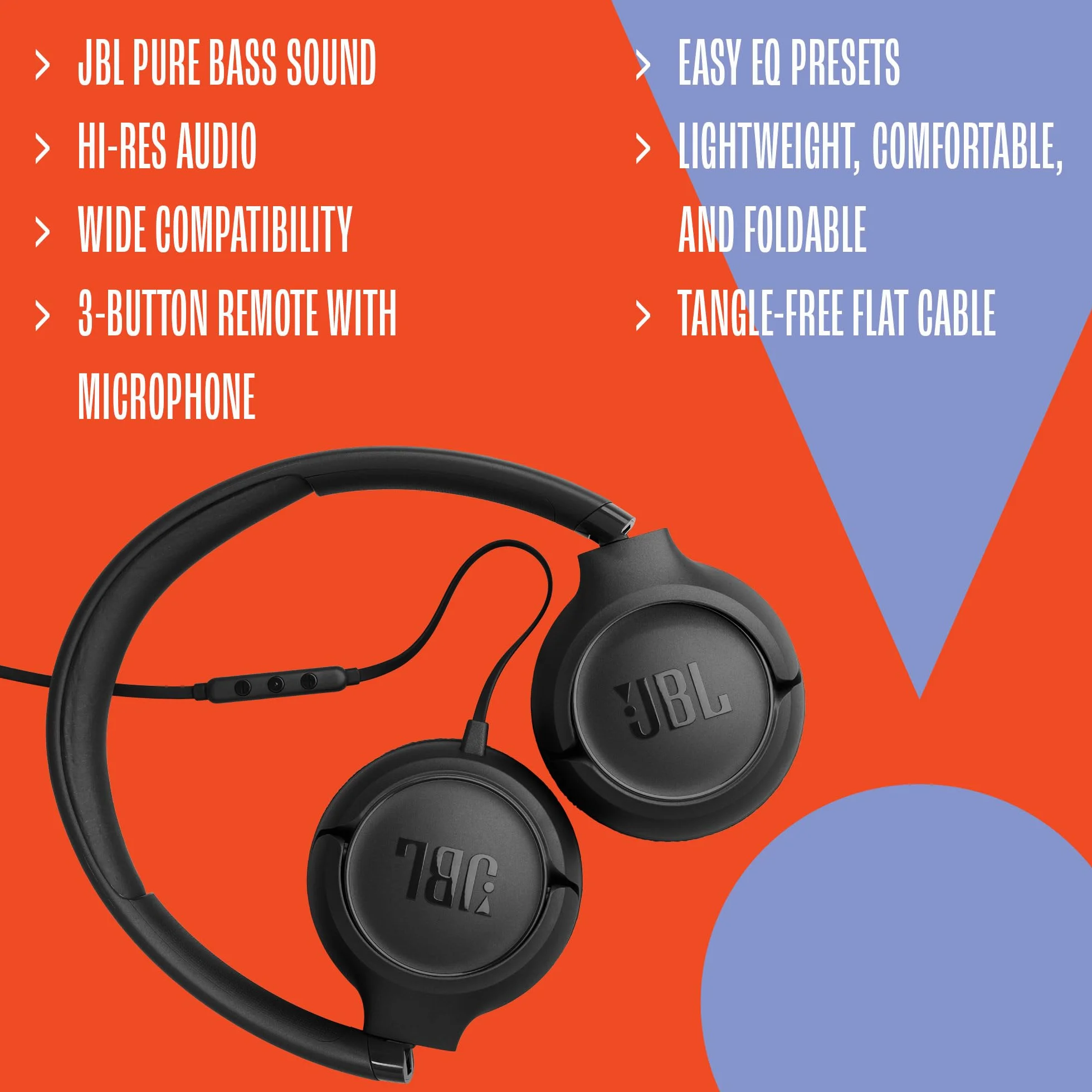 JBL Tune 530 C Cuffie con Filo On Ear, Microfono, Suono JBL Pure Bass, Preimpostazioni EQ, Connettività USB Tipo C, Design Pieghevole e Cavo Anti-Groviglio, Nero