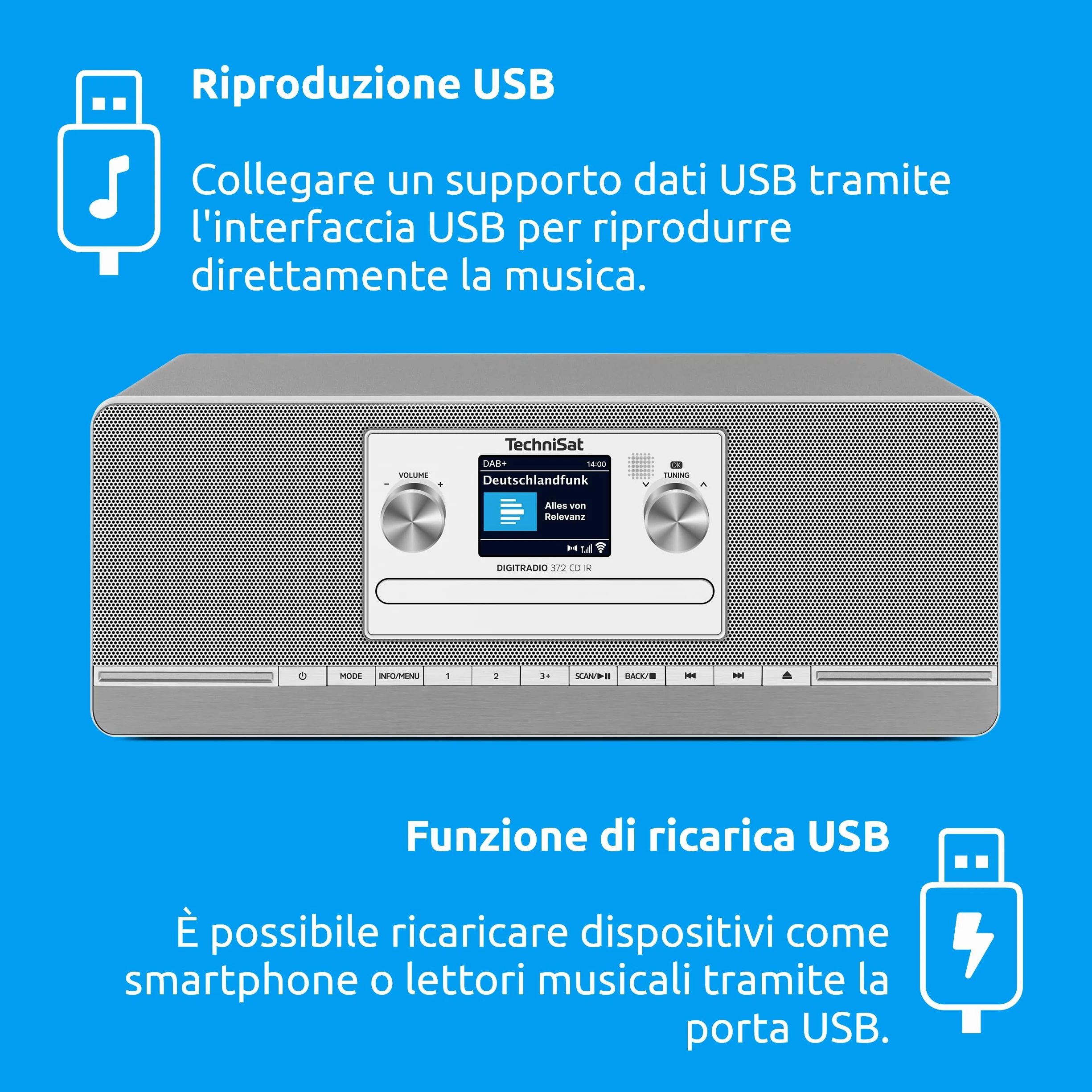 TechniSat DIGITRADIO 372 CD IR Radio Internet stereo DAB+ FM CD Wi-Fi Bluetooth display colori USB AUX sveglia 10 W argento