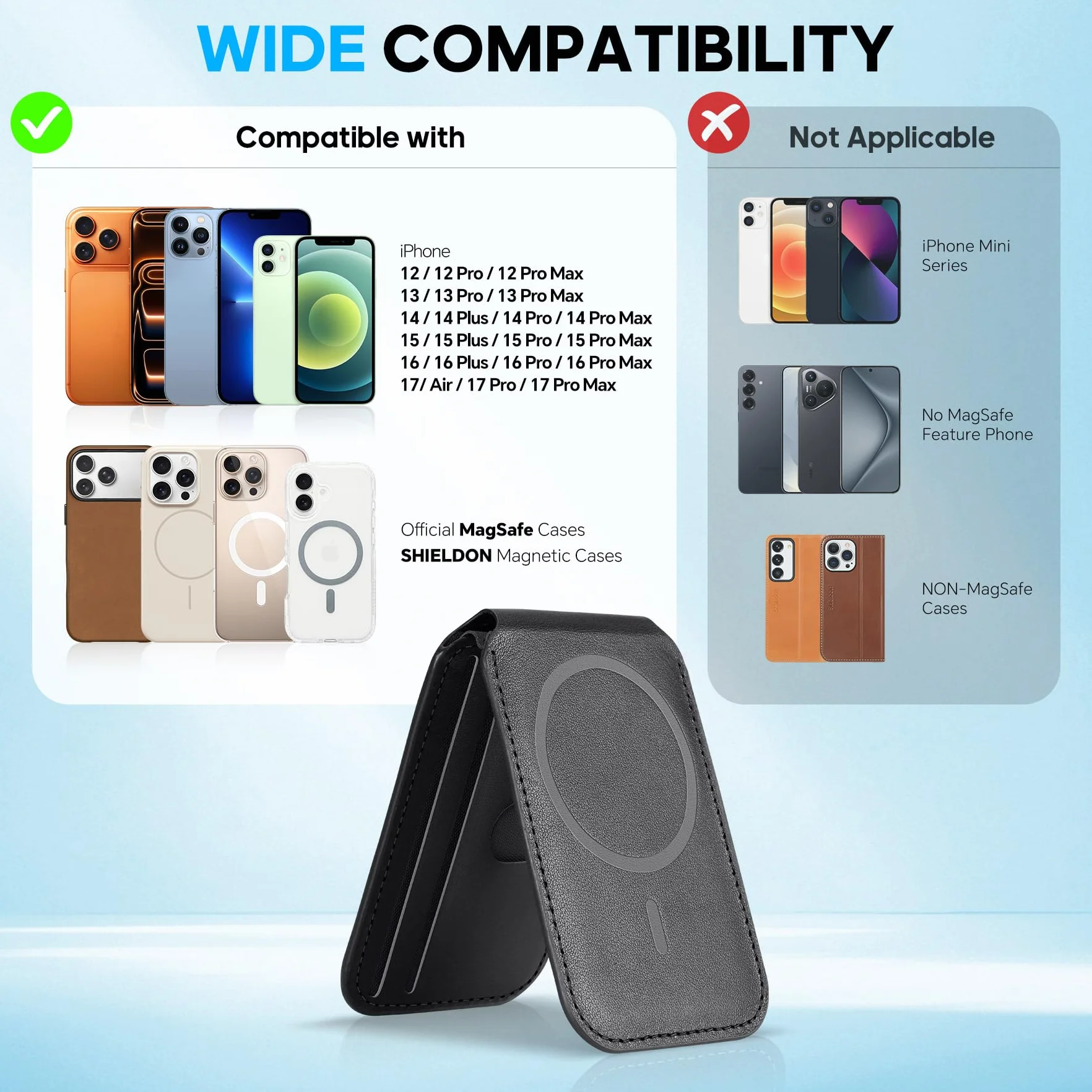 SHIELDON Portafoglio Magnetico per Magsafe, Porta Carte in Vera Pelle [Blocco RFID] [Supporto Regolabile] [Sportello ID] Porta carte Portafoglio per iPhone 17/16/15/14/13/12 Series, No per Mini - Nera