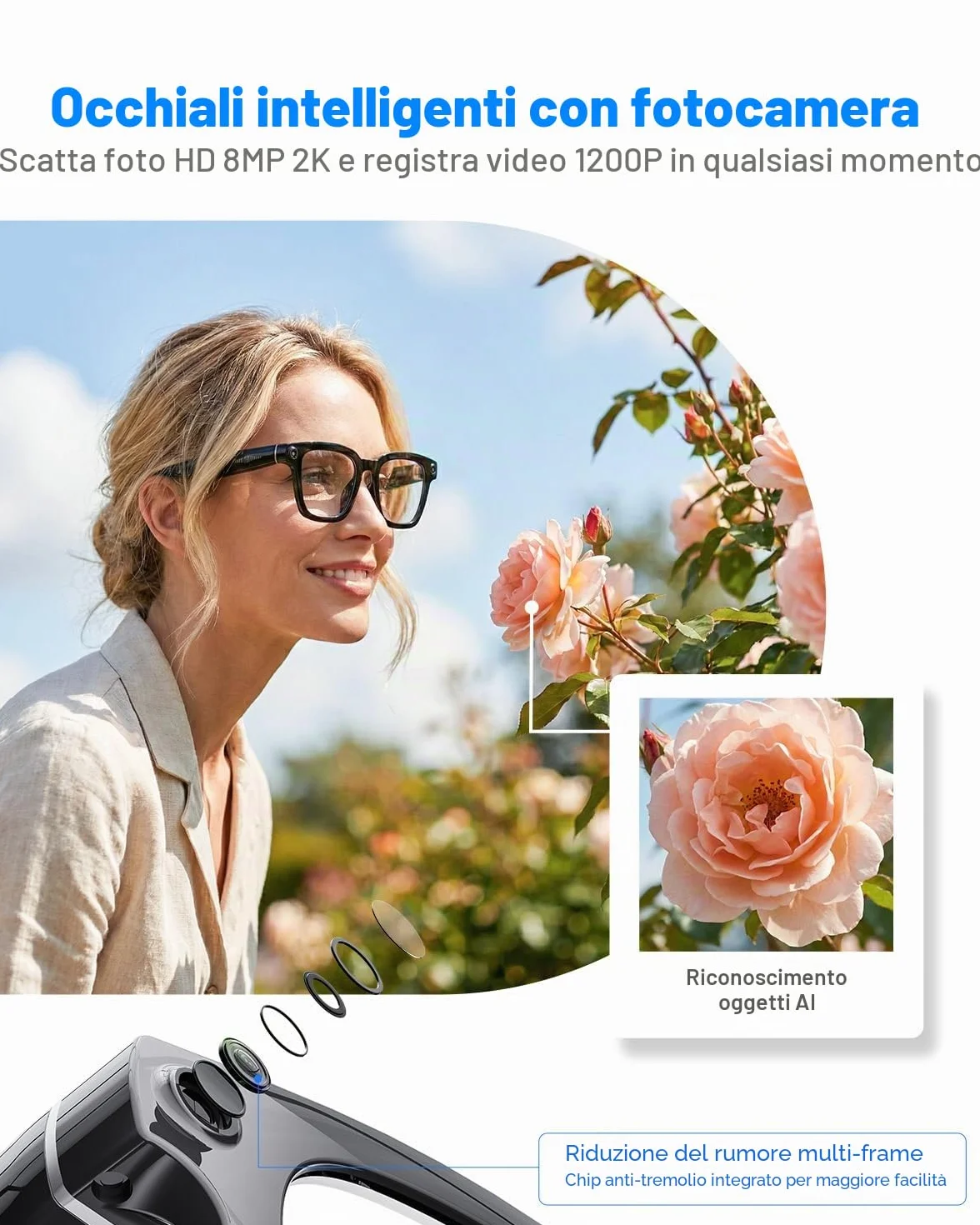 Occhiali Intelligenti Con Fotocamera e Bluetooth, 8 MP, 32 GB, HD 1200p, Con Funzionalità di Registrazione Foto/Video/Audio, Traduzione in Tempo Reale, Assistente Vocale e Riconoscimento Degli Oggetti