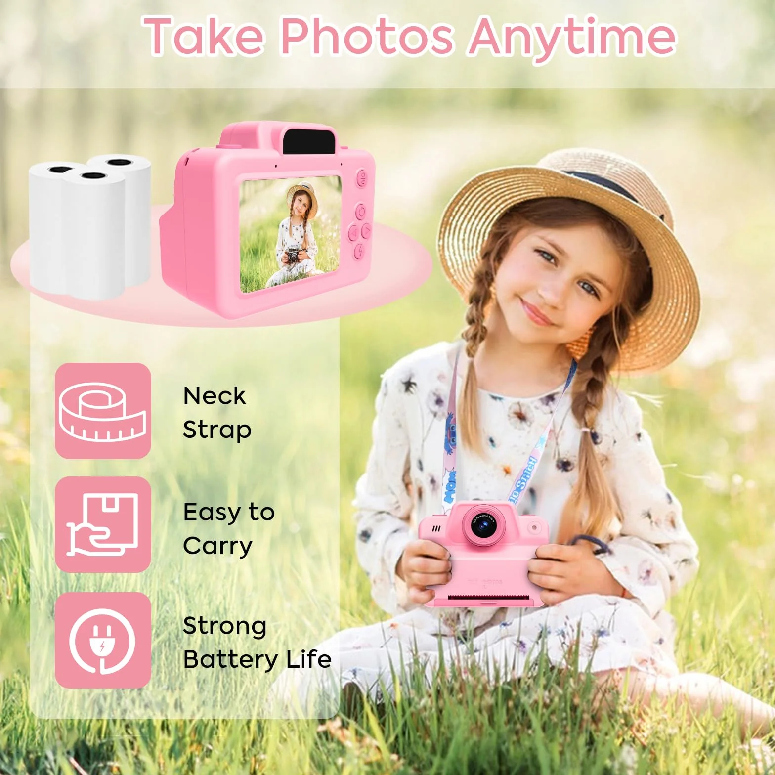 Fotocamera istantanea per bambini, con scheda SD e carta da stampa, 1080P, fotocamera digitale per bambini, regalo di compleanno di Natale, per ragazzi e ragazze, 3-12 anni (rosa)