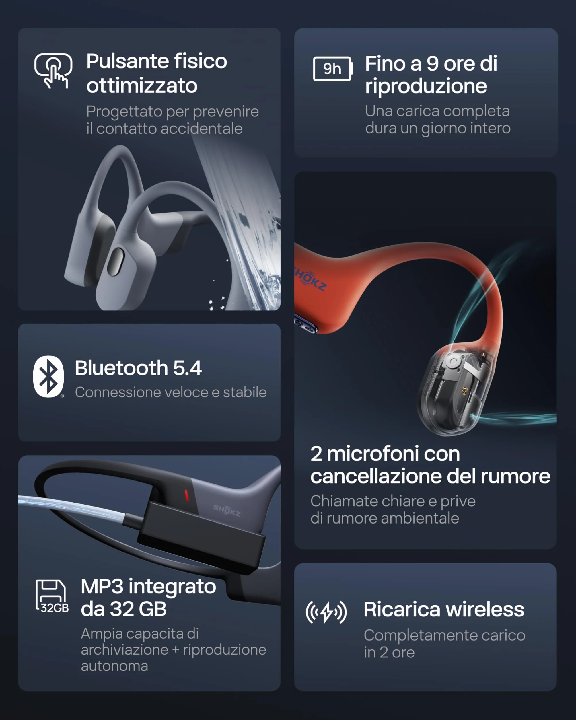 SHOKZ Cuffie sport a conduzione ossea OpenSwim Pro, auricolari wireless Open-Ear impermeabili IP68 con Bluetooth 5.4, 32 GB storage MP3, micr. con canc. rumore, 9 ore ripr. per corsa e nuoto, Rosso