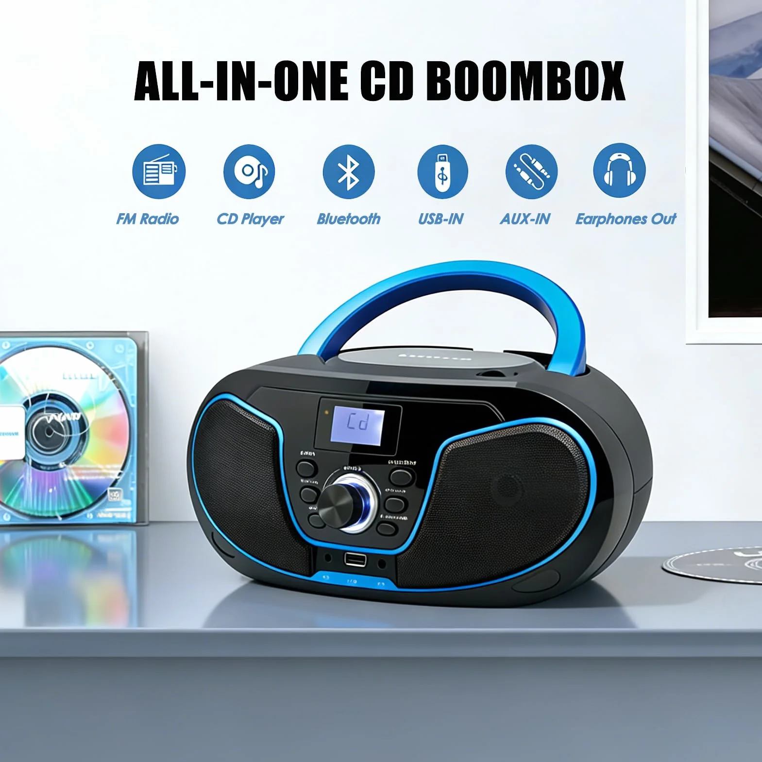 LONPOO Lettore CD Boombox Portatile - Stereo con Radio FM, Ingresso Bluetooth, USB, AUX, Uscita Auricolari, Audio Domestico Compatto, AC o Alimentato a Batteria (LP-D02)
