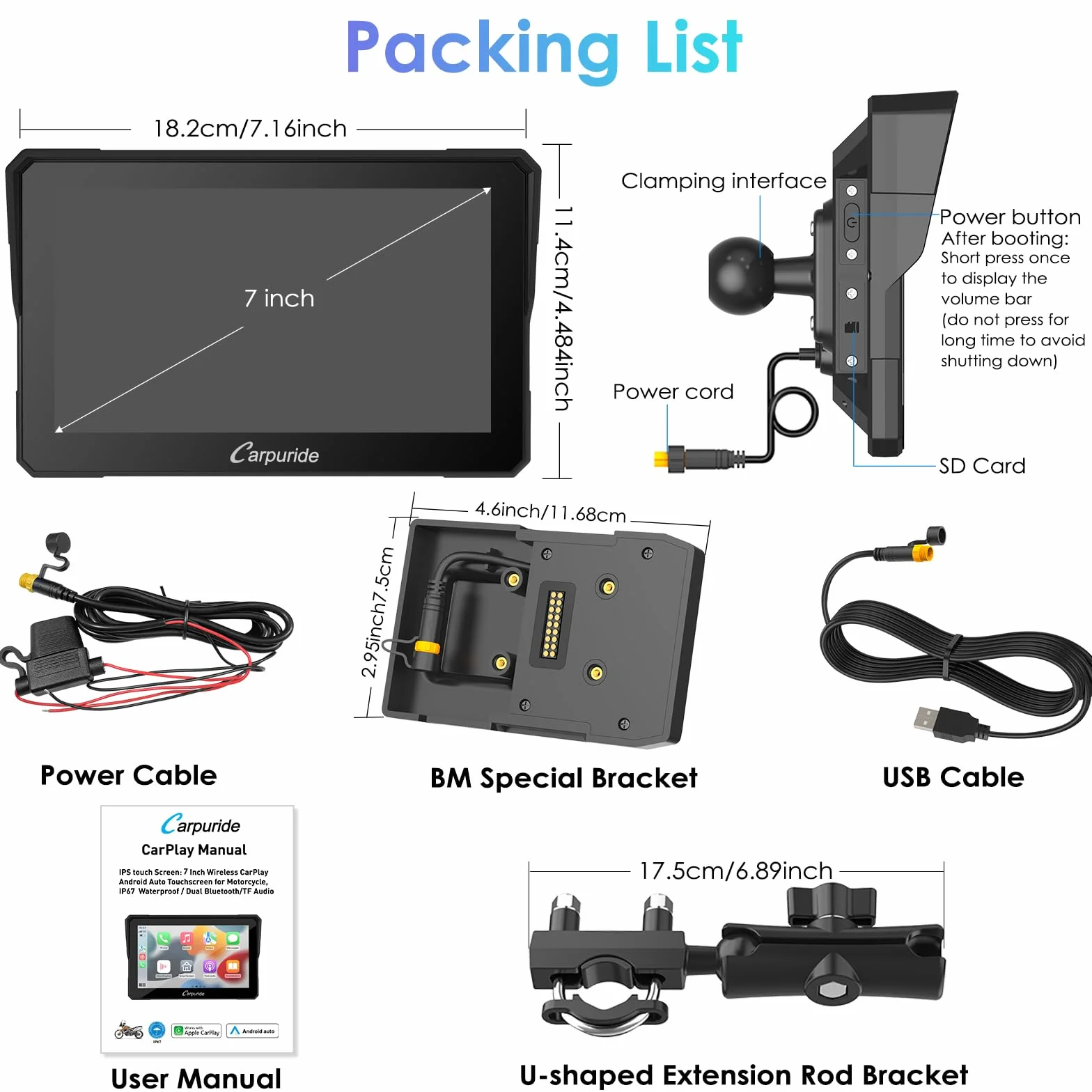 Carpuride W702B Schermo GPS Carplay per moto, con supporto personalizzato per BMW Moto, Wireless CarPlay e Android Auto, Touchscreen impermeabile portatile da 7 pollici, Bluetooth Trans, Navigazione,