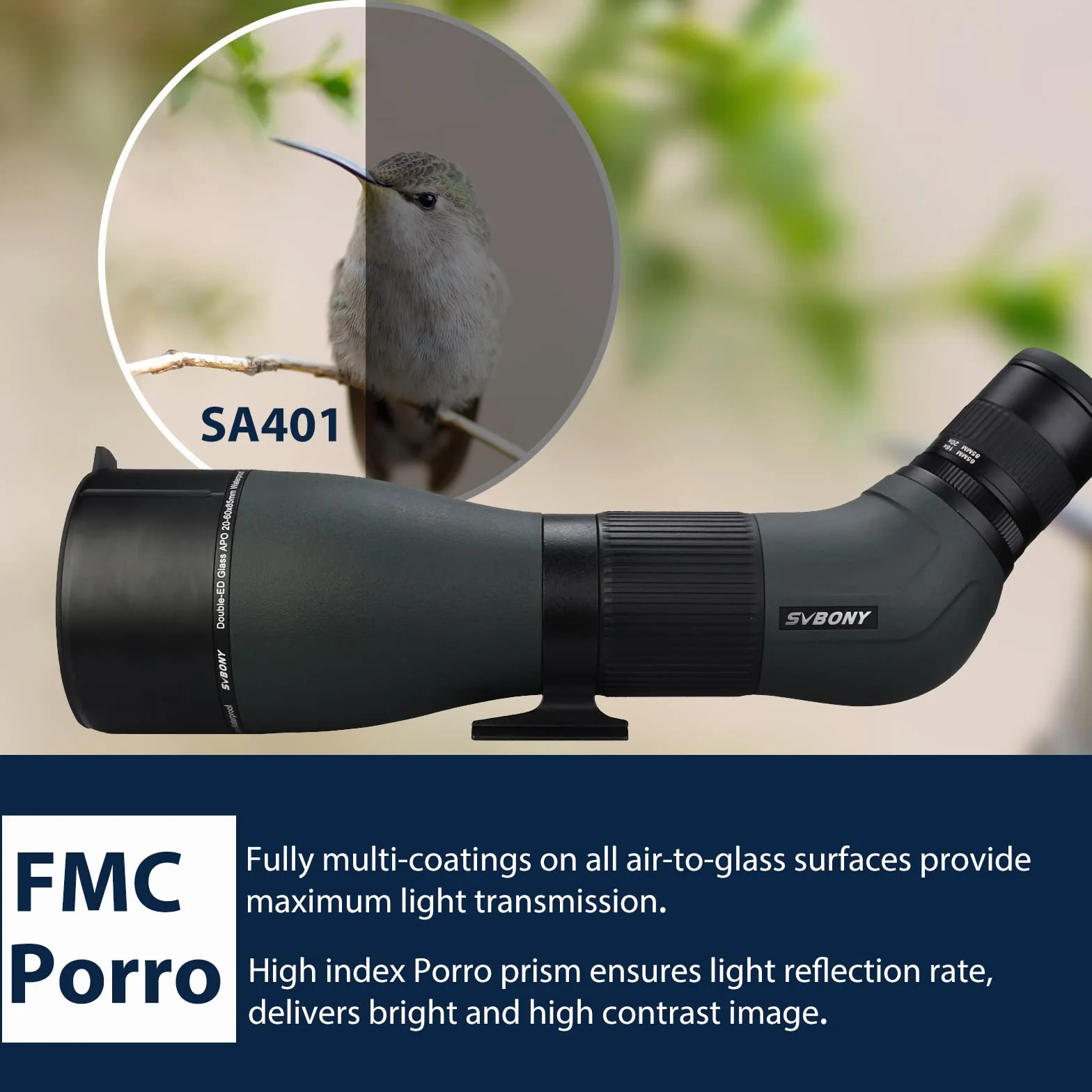 Svbony SA401 APO Spotting Scope 20-60x85, Doppio Vetro ED Cannocchiale per Birdwatching Messa a Fuoco Precisa, Impermeabile Telescopio Angolato per Birdwatching, Natura